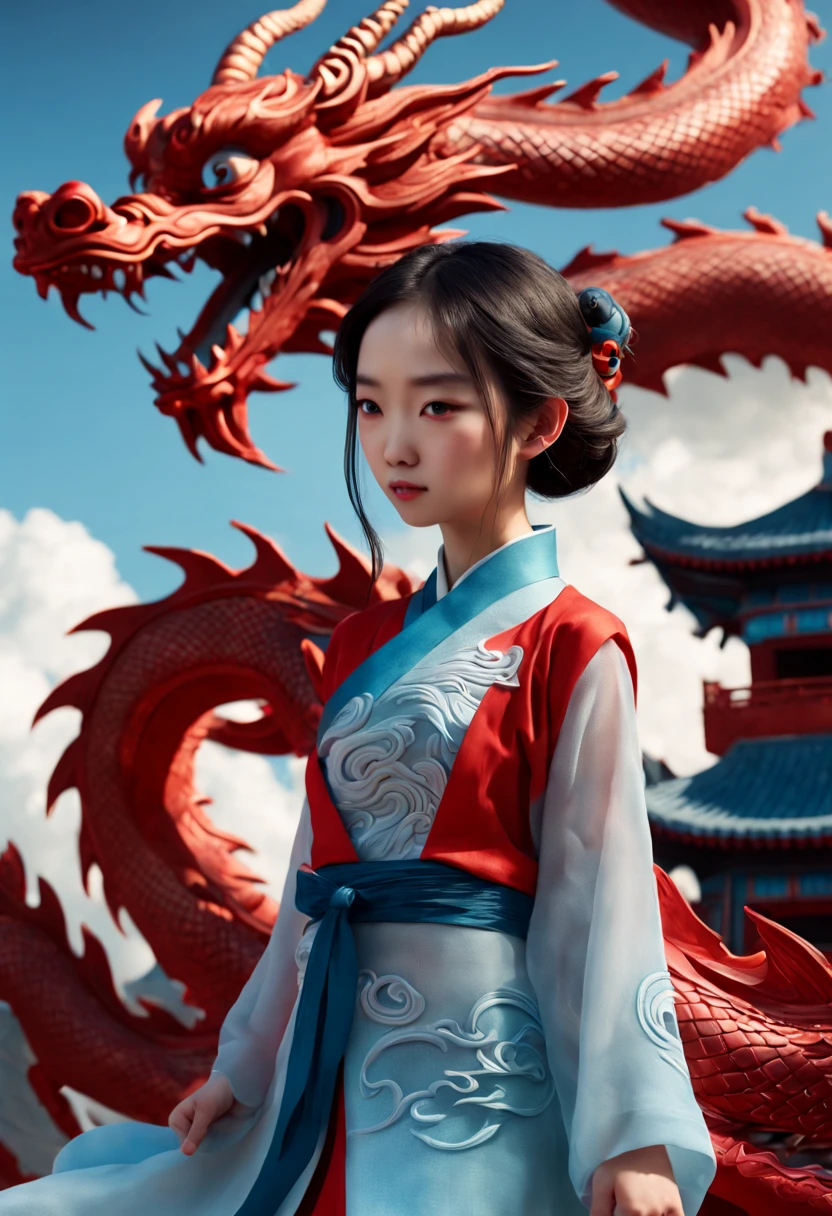 A red girl wearing thin gauze,in a light and flowing outfit intertwined with a dragon,Create a distinct 3D visualization of a miniature Chinese dragon,full of characters and characters,lively in a transitional setting The backlog should be brief,having a clear blue sky or soft clouds,to keep the focus on the dragon's reliable design The dragon itself should have feature realistic textures and a lifestyle,engaging expression,captured in a way that showcases its magnetic,mythical nature in a heartbeat,invading Manner, looking at the camera,(pore:1.2),asia,ultimate details