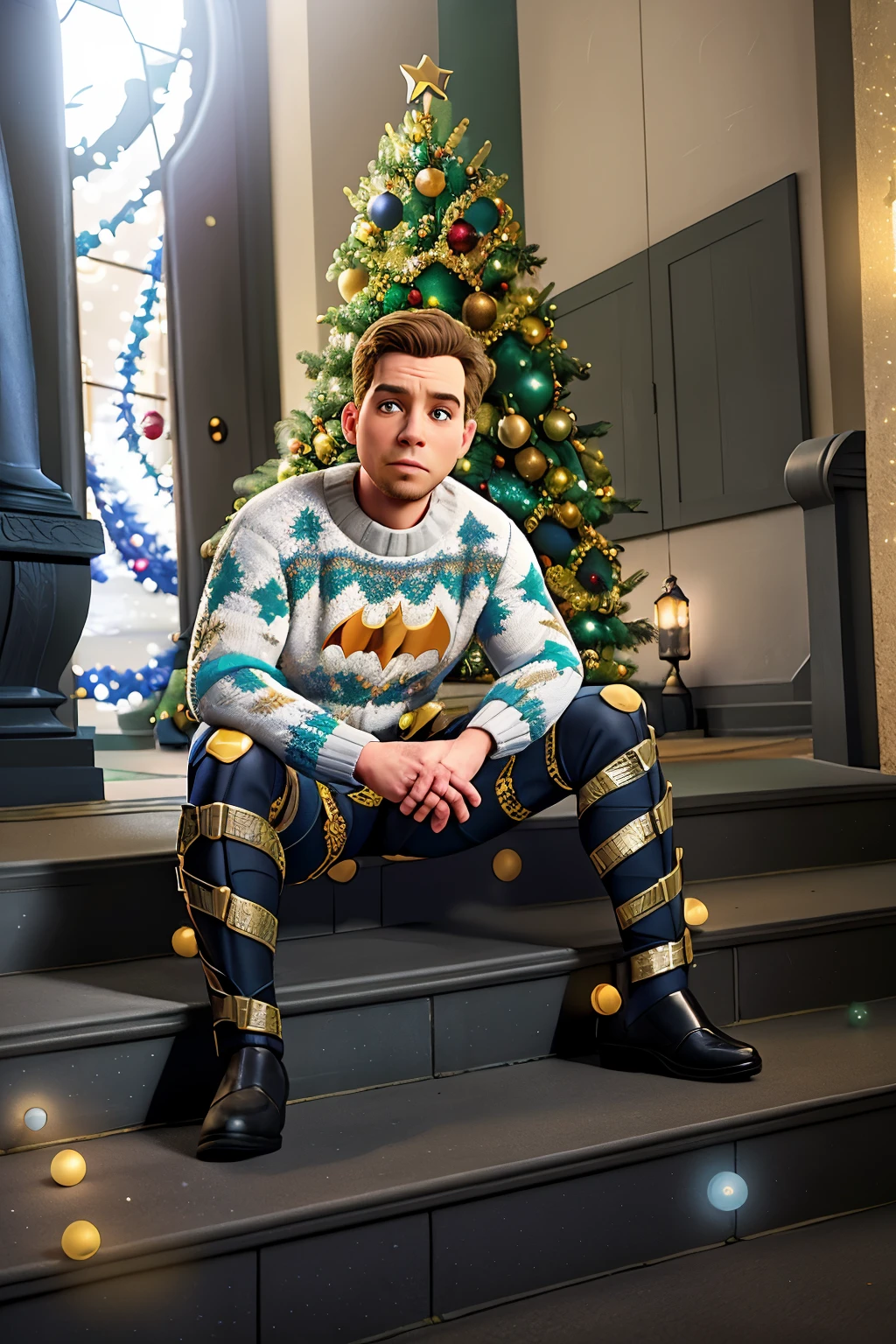 batman christmas sweater sitting on steps with a christmas tree in the background, wearing festive clothing, ryan renolds as batman, in batman, catman, edited, the batman, photo taken in 2018, sitting down casually, elliot alderson, wearing a fancy dress, david spade as batman, inspired by Ernő Bánk