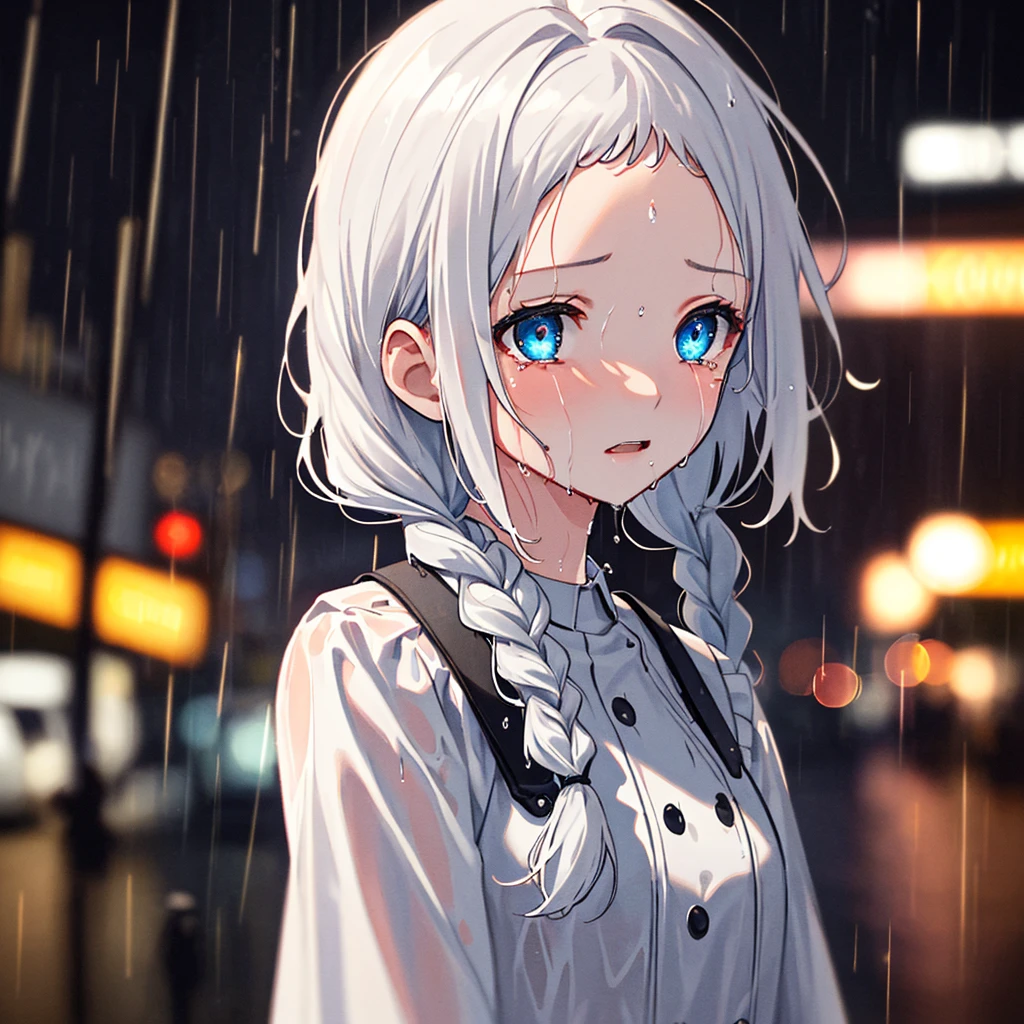 (masterpiece:1.21), (best quality:1.331), ((ultra-detailed)), ((extremely best illustration)), ((amazing)), (hyper quality), gorgeous and rich graphics, (extremely exquisite and beautiful: 1.21), 8k, wallpaper, (extremely beautiful lighting), strong light, delicate composition, (perfect composition), (extremely detailed background: 1.21), Rembrandt style light and shadow expression, deep tone, (low key and high variance color standard), ((depth of field)), deep shadows, dynamic angle, from the side, upper body, radial blur, rain, (city lights, blurred background), (1girl), (beautiful detailed eyes), deep blue eyes, white hair, twin braids, (short bangs, forehead),tearful, wet clothes, wet skin and wet hair, lens flare, string lights, street, masterpiece, best quality,