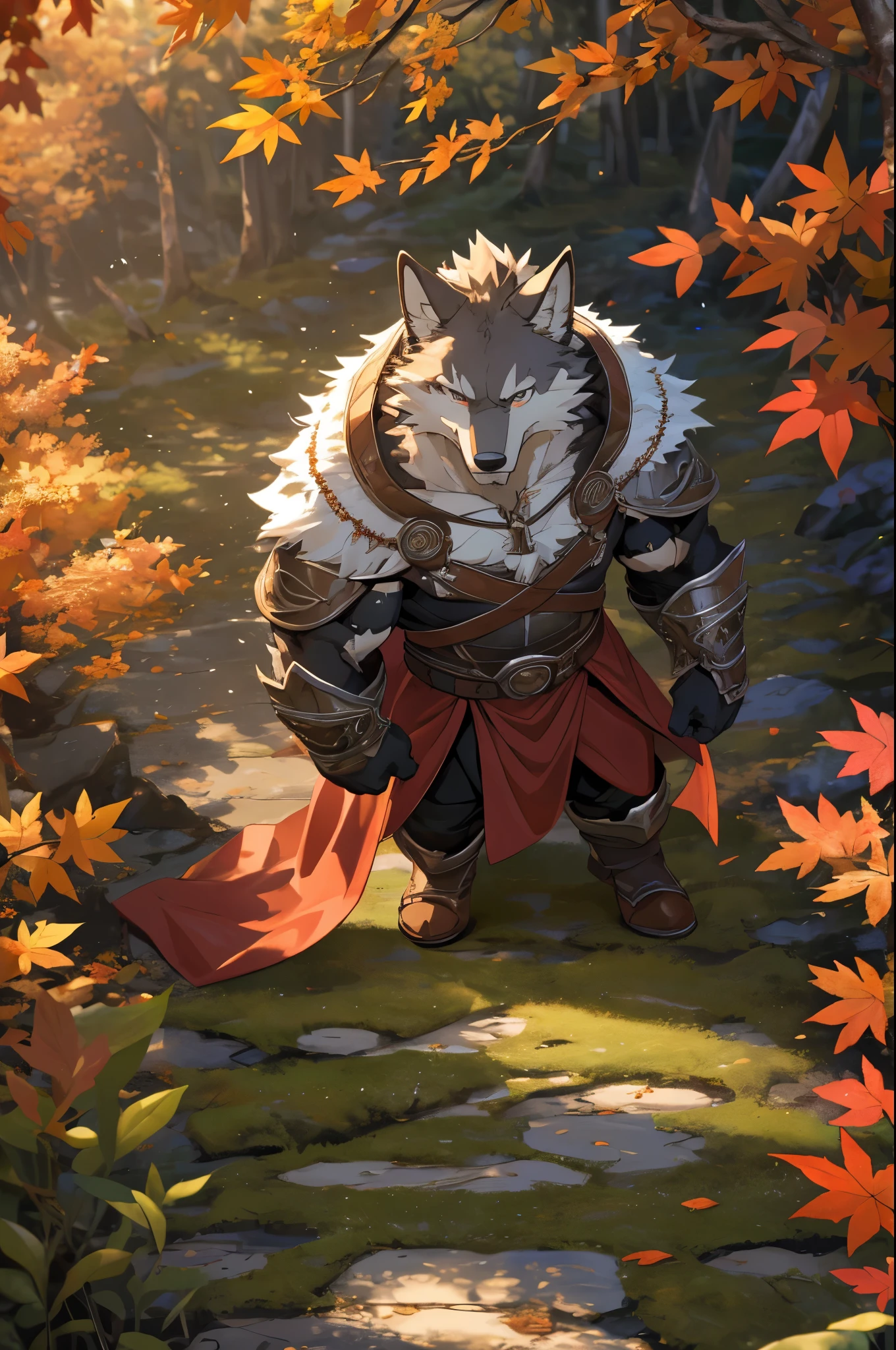 walking through autumn forest, ((from above:1.2)), looking at viewer, fall foliage, serene atmosphere, sunlight streaming through trees, cascading leaves, rustling of leaves, layered shades of orange and gold, tall swaying trees, sunlit path, autumnal palette, tranquil ambience,nature immersion, moss-covered ground, Anthro((dramatic))epic, dynamic pose, One scene of movie, An extreme perspective with a powerful composition, absurdres, Perfect Anatomy, magnificent picture of kemono fighting fierce battles, (ultra detailed), sharp focus, niji, eyesgod, black eye, furry, light-white fur, brown fur, white beard, anthro (wolf), male, middle-aged, gray body, white belly, tail, muscular, knight costume, long red cherry cloak, ultra detailed face, depth of field, motion blur, high details, high quality, award winning, HD, 16k, (best quality,4k,8k,highres,masterpiece:1.2),ultra-detailed,realistic:1.37,HDR,UHD,studio lighting,extreme detail description,professional,vivid colors,bokeh,lively atmosphere, natural lighting, (close up:1.5), (selfie:0.2)
