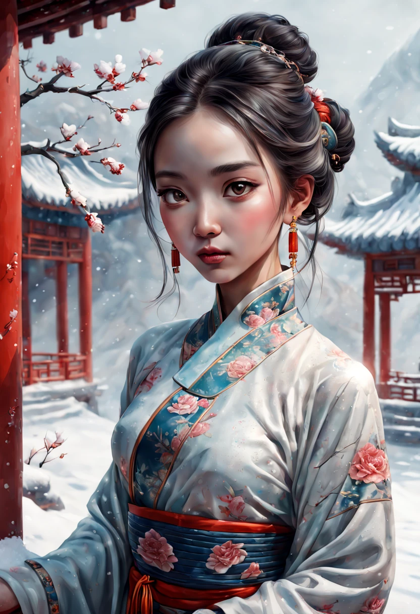 A portrait of a girl,upper body,in an Eastern artistic style,exuding allure,girl,(Eastern art),alluring appearance,expressive eyes,subtle background,bright environment,chinese style,typing art background,realist style,reality,photo,skin texture,dermatoglyphy,full body,snowscape