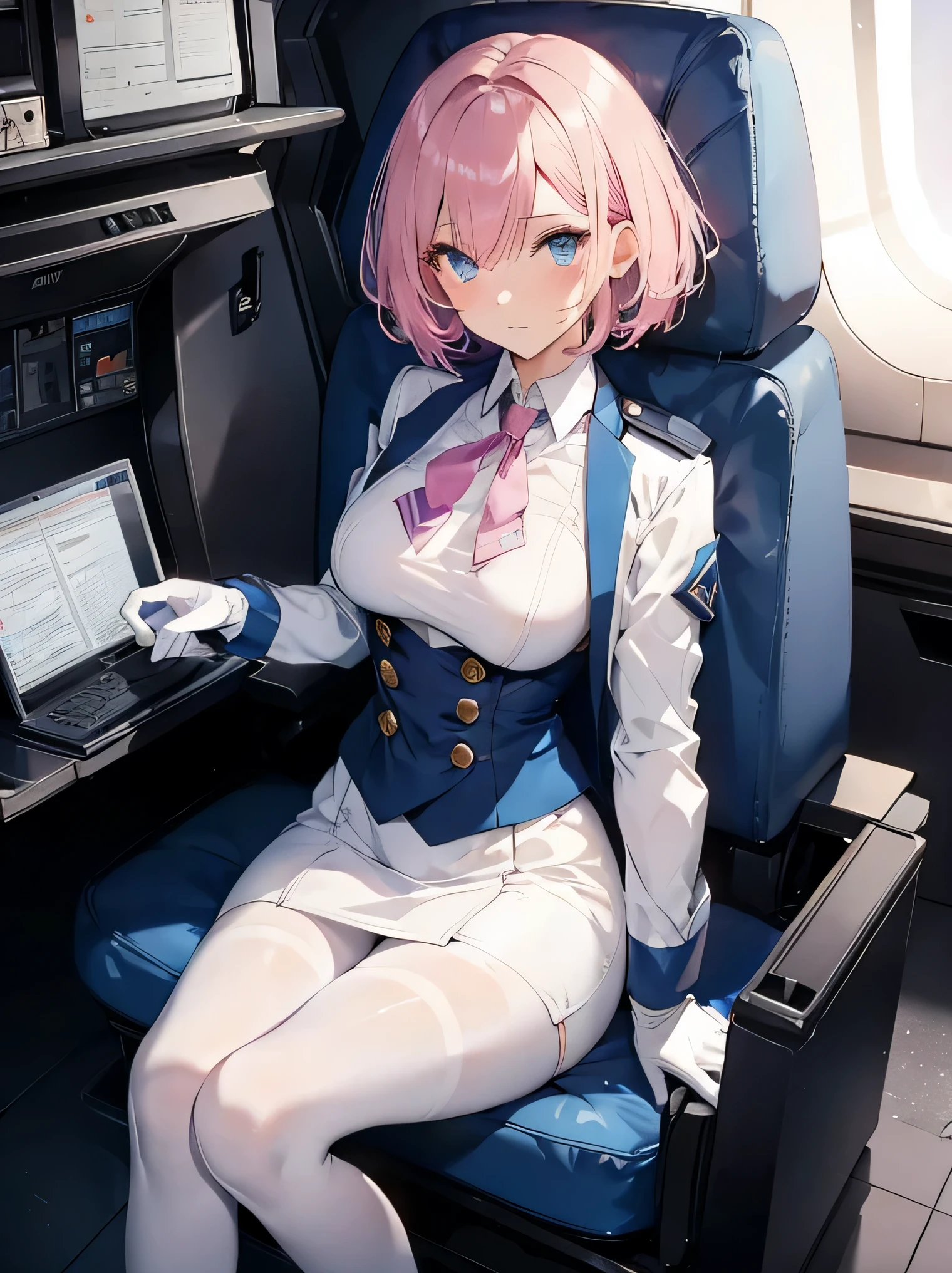 short pink haired girl, blue eyes, dark blue flight attendant uniform, white gloves, dark pantyhose, small breasts.