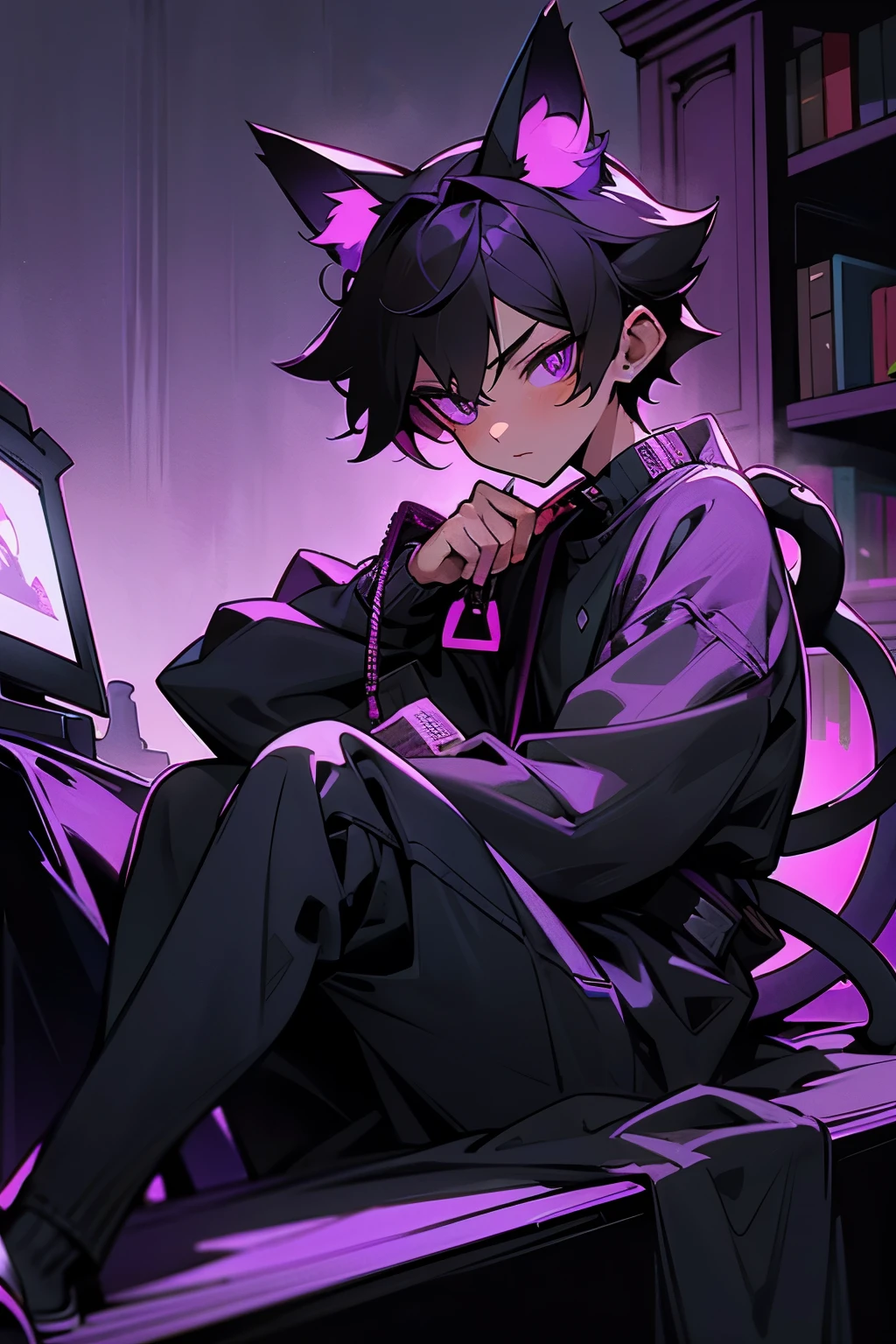 purple and black checkered wallpaper with a tan brown siamese catboy sitting by near desk while (holding a smartphone), there is a book next to the cat, cartoon moody scene, sfw, gloomy atmosphere, gloomy mood, purple cat boy, gif, gloomy style, elokitty, emo boy with cat ears and tail, gloomy, in a gloomy library, anthropomorphic cat, studying, sad atmosphere