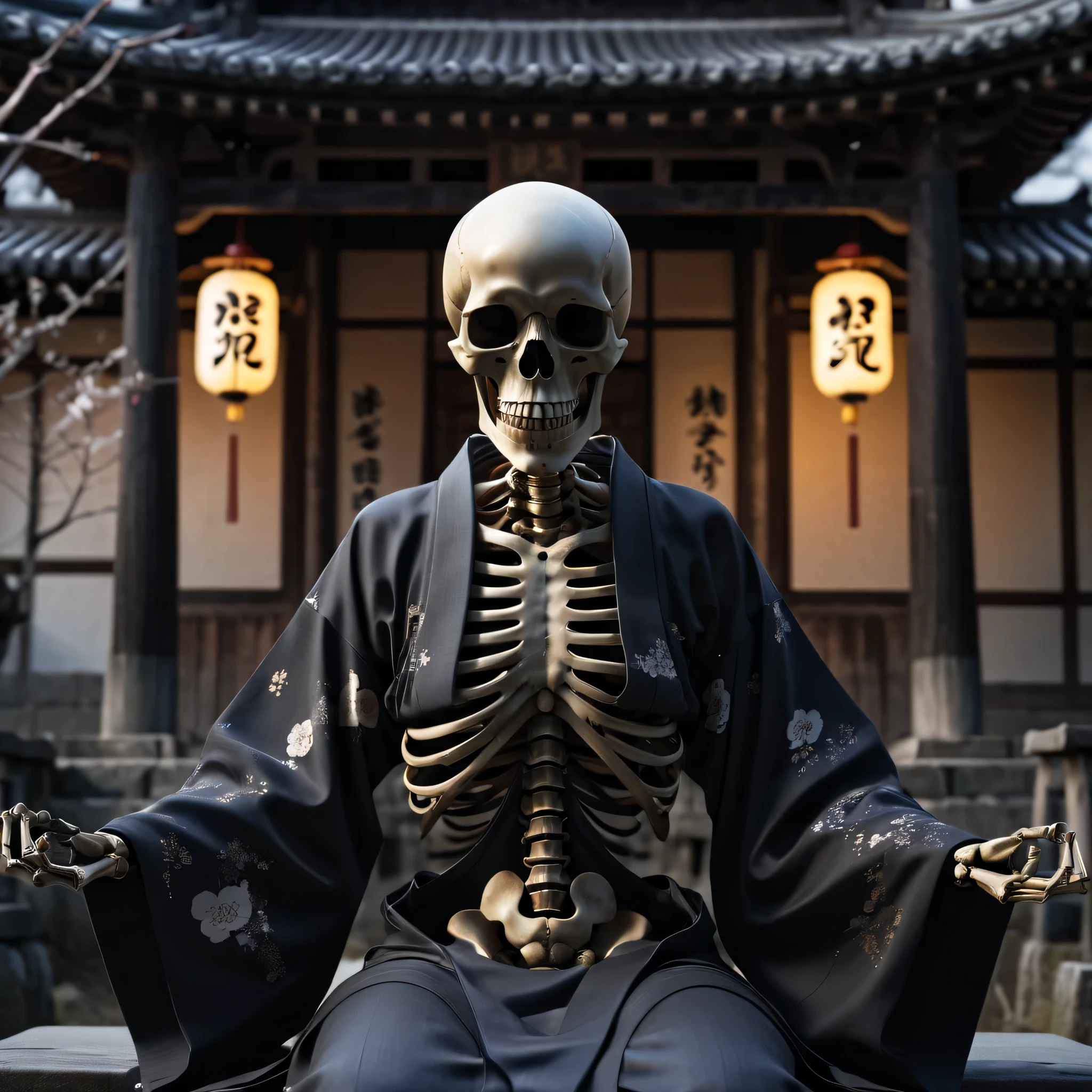(Best Quality,4K,8K,hight resolution,masutepiece:1.2),Ultra-detailed,realistic black metallic skeleton,temple,Wabi-sabi,Wear a kimono and pray,dead body,passion:1.2,fullmoon