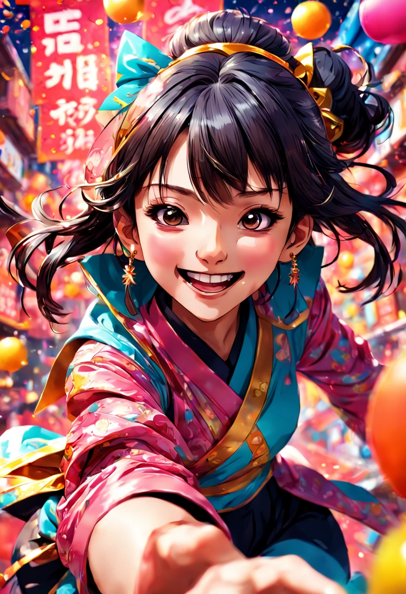 A scene from Oh! great's manga, new year,((dynamic action sequences)),intricate character designantasy setting),vivid color contrasts,expressive facial expressions, a close-up of a girl,smile,cosmetics,color background
