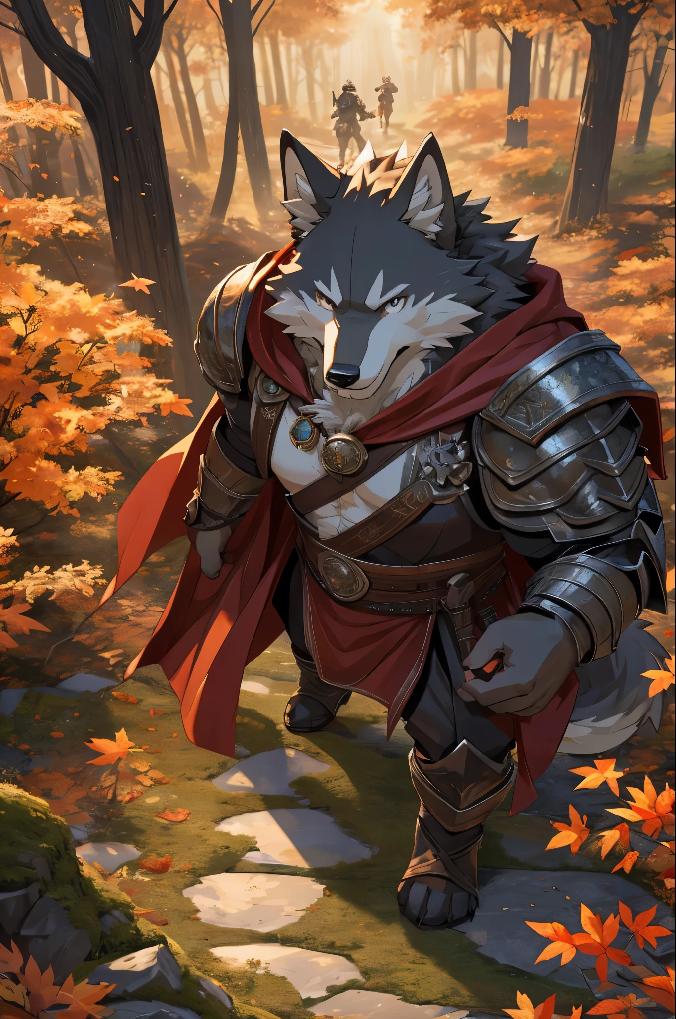 walking through autumn forest, ((from above:1.2)), looking at viewer, fall foliage, serene atmosphere, sunlight streaming through trees, cascading leaves, rustling of leaves, layered shades of orange and gold, tall swaying trees, sunlit path, autumnal palette, tranquil ambience,nature immersion, moss-covered ground, Anthro((dramatic))epic, dynamic pose, One scene of movie, An extreme perspective with a powerful composition, absurdres, Perfect Anatomy, magnificent picture of kemono fighting fierce battles, (ultra detailed), sharp focus, niji, eyesgod, black eye, furry, light-white fur, brown fur, white beard, anthro (wolf), male, middle-aged, gray body, white belly, tail, muscular, knight costume, long red cherry cloak, ultra detailed face, depth of field, motion blur, high details, high quality, award winning, HD, 16k, (best quality,4k,8k,highres,masterpiece:1.2),ultra-detailed,realistic:1.37,HDR,UHD,studio lighting,extreme detail description,professional,vivid colors,bokeh,lively atmosphere, natural lighting, (close up:1.5), (selfie:0.2)