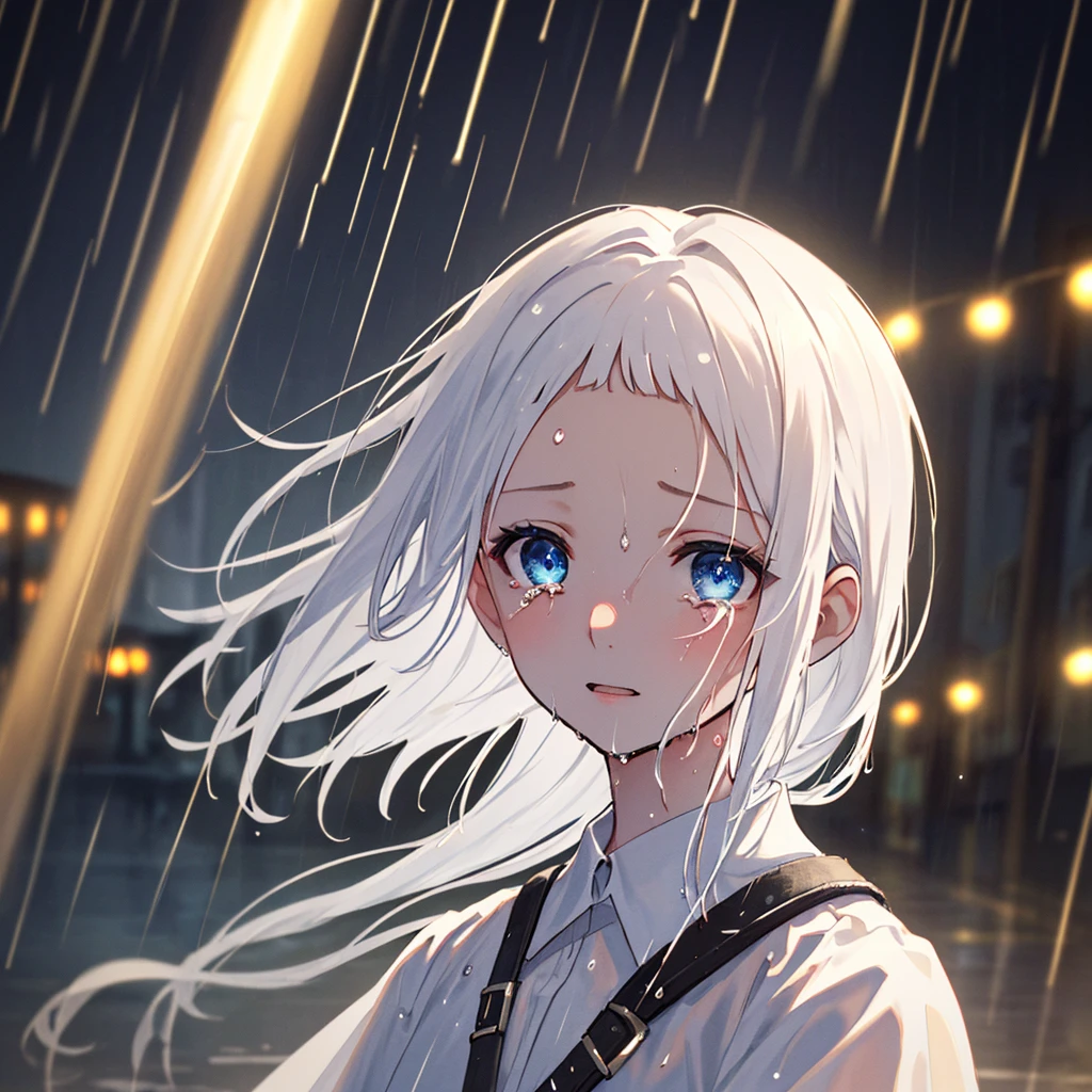 (masterpiece:1.21), (best quality:1.331), ((ultra-detailed)), ((extremely best illustration)), ((amazing)), (hyper quality), gorgeous and rich graphics, (extremely exquisite and beautiful: 1.21), 8k, wallpaper, (extremely beautiful lighting), strong light, delicate composition, (perfect composition), (extremely detailed background: 1.21), Rembrandt style light and shadow expression, deep tone, (low key and high variance color standard), ((depth of field)), deep shadows, dynamic angle, from the side, upper body, radial blur, rain, (city lights, blurred background), (1girl), (beautiful detailed eyes), deep blue eyes, white hair, twin braids, (short bangs, forehead, hinecut,blunt bangs),tearful, wet clothes, wet skin and wet hair, lens flare, string lights, street, masterpiece, best quality,