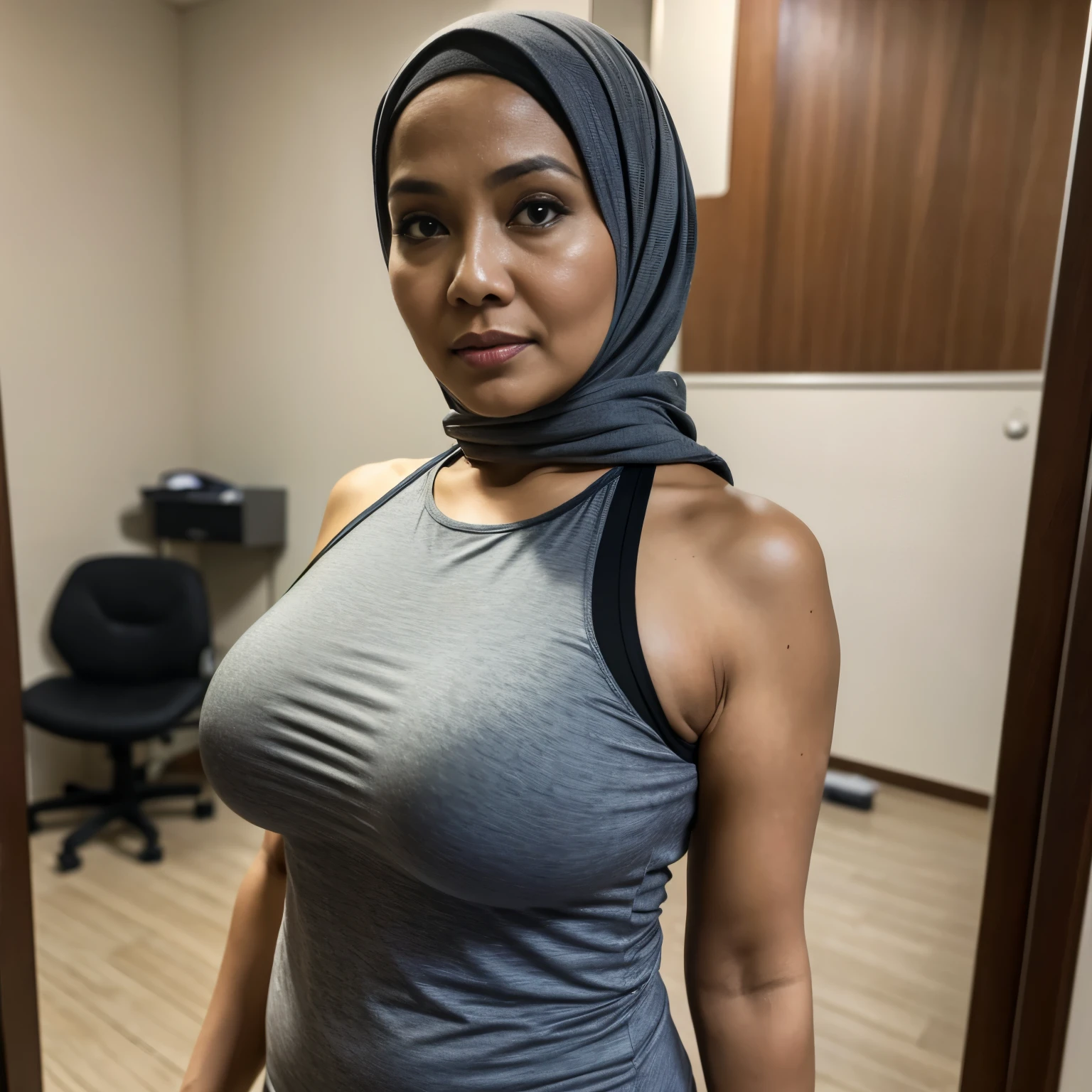 52 years Old, Hijab Indonesian mature woman, Extra Large Tits : 146.9, Long-sleeveles Tank top, Slim body, at doctor office, Dark light, at Daytime