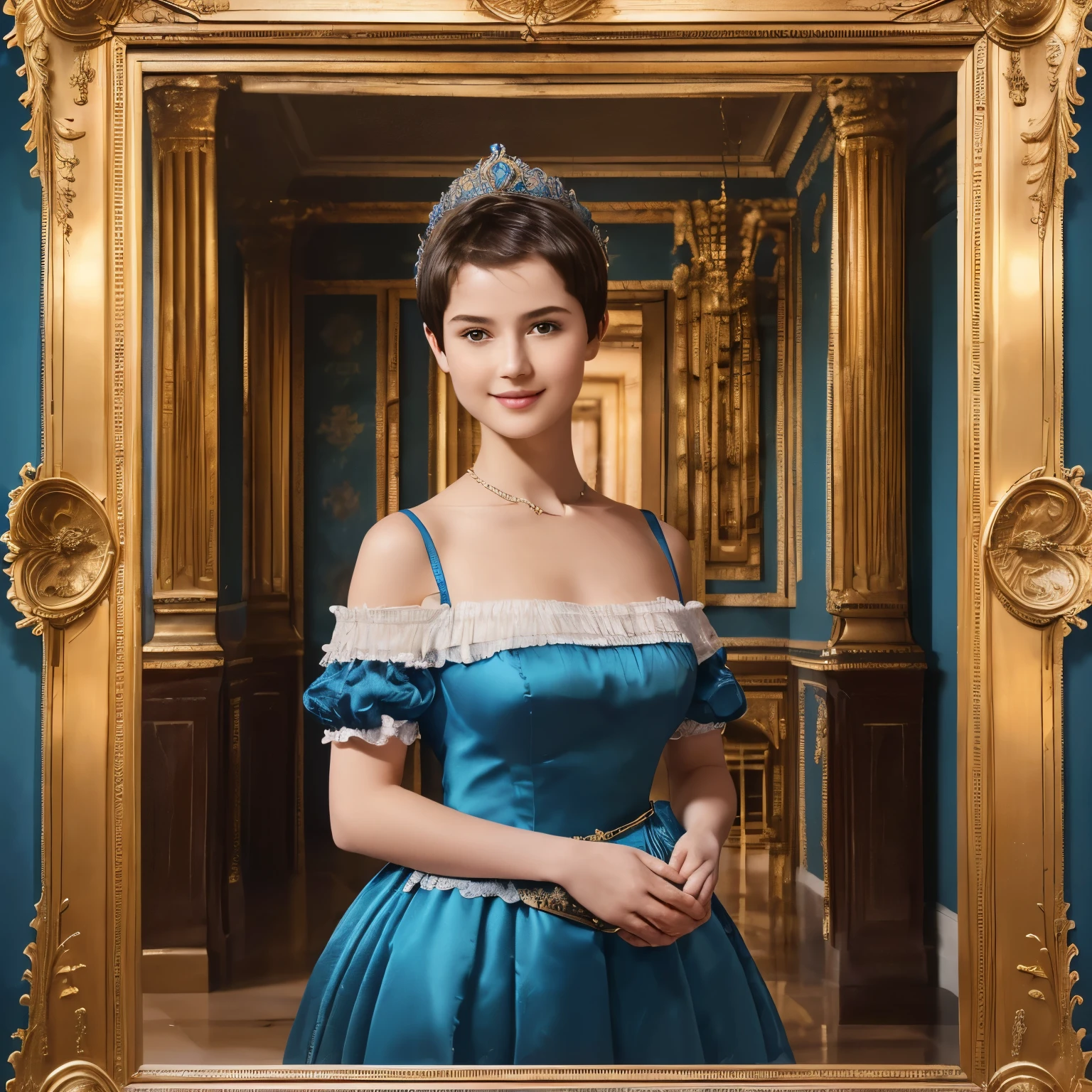 142
(a 20 yo woman,in the palace), (A hyper-realistic), (high-level image quality), ((beautiful hairstyle 46)), ((short-hair:1.46)), (kindly smile), (breasted:1.1), (lipsticks), (wearing a blue dress), (murky,wide,Luxurious room), (florals), (an oil painting、Rembrandt)