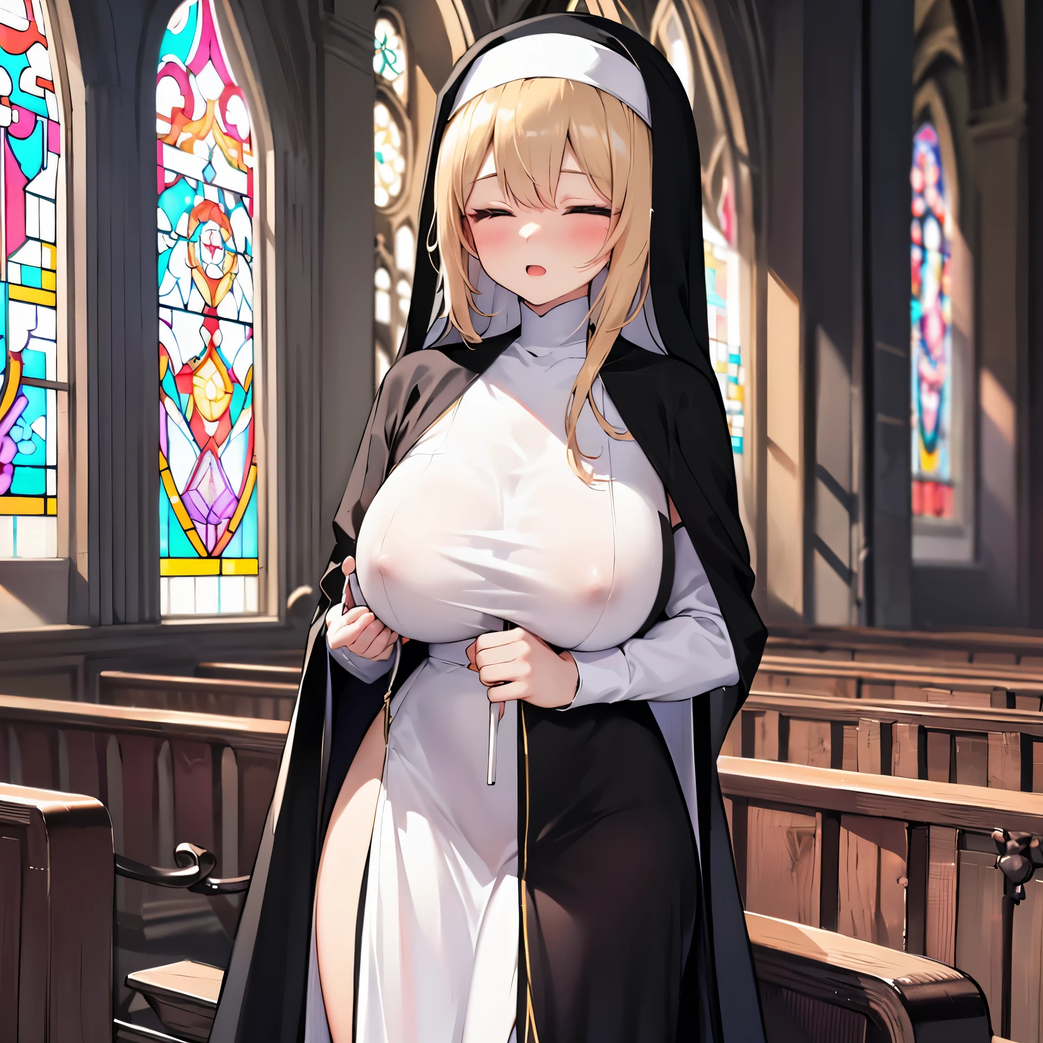 solo 1 praying num standing in church, praying with holding hands together, long (black sheer nun's robe:1.2), wearing nothing under (black nun's robe), (huge breasts:1.2), inconceivably thin waist, closing eyes, nose blush, open mouth, heavy breathing, stained glass