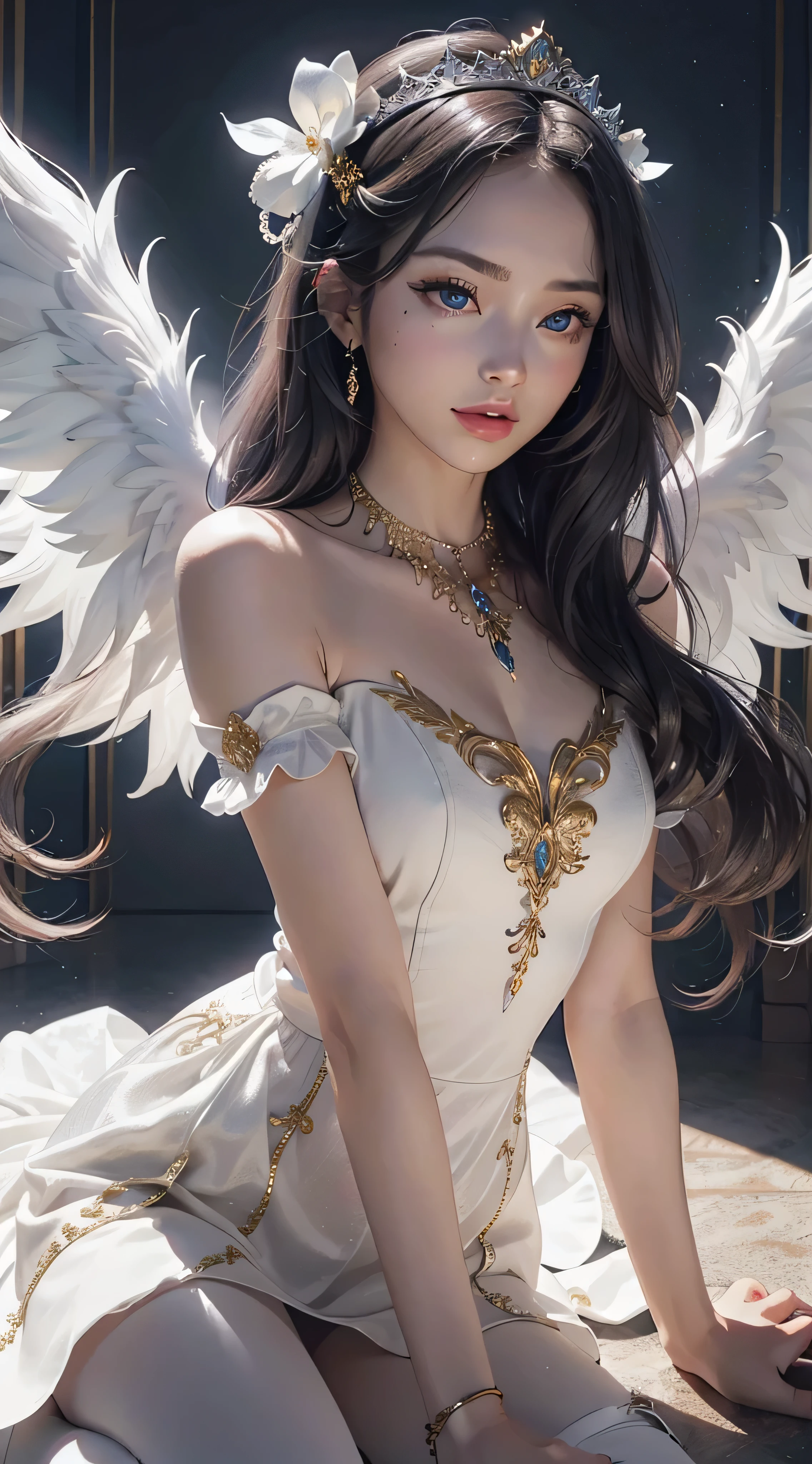 Castle in the distance、The face is front、Looking at the camera、profile、8K、realphoto、超A high resolution, Master Parts, Best Quality, nffsw , cinematic images,Lovely girl、ann、16 only、annグロサクソン、二重まぶた、drooing eyes、Very big eyes、Eyes purple、Dark eye shadow、The lips are very thin、The tip of the nose stretches beautifully............................、small nostrils,,,,, ighly detailed , Silver hair、Straight short hair、ssmile、 Sweet look 、a very beautiful woman、legs are long、Very clear shadows , jewely , A detailed eye, very intricate, shiny skins , パーフェクトブリリannト, Perfect Lighting, Dramatic shadows、White tiara on head、Gold necklace around the neck、White aristocratic dress with gold embroidery、Glass High Heels、Angel White Wings