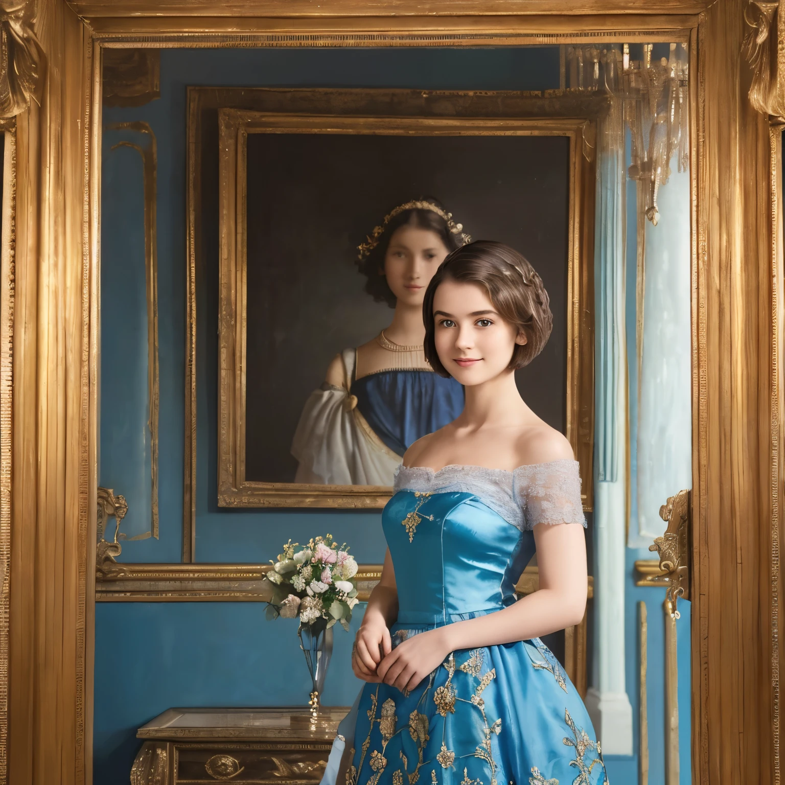 142
(a 20 yo woman,in the palace), (A hyper-realistic), (high-level image quality), ((beautiful hairstyle 46)), ((short-hair:1.46)), (kindly smile), (breasted:1.1), (lipsticks), (wearing a blue dress), (murky,wide,Luxurious room), (florals), (an oil painting、Rembrandt)