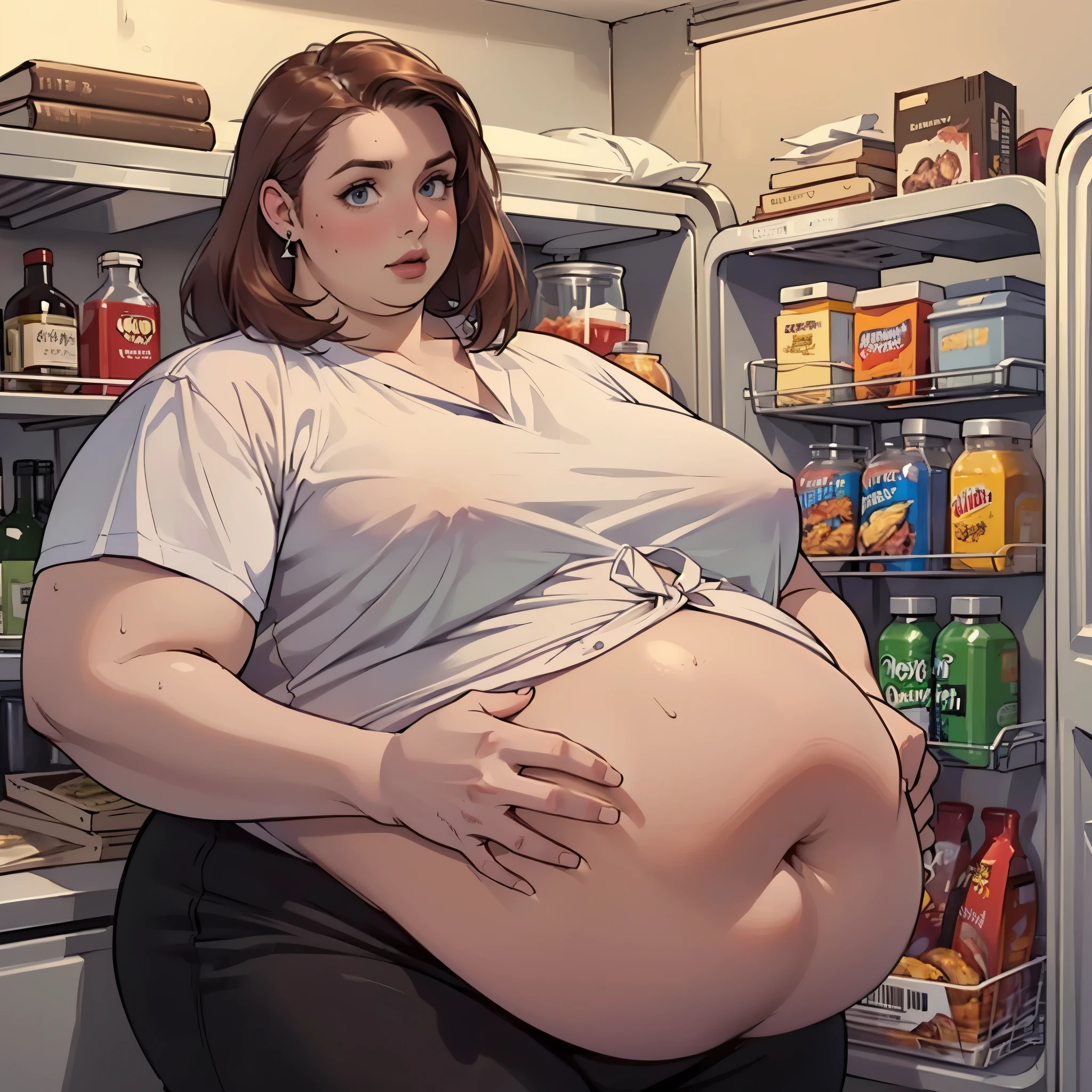 (Masterpiece, best quality, highres:1.3), hyper realistic, Karen Gillan, (USSBBW:1.4), (morbidly obese:1.4), (fatblob:1.4), (thin, beautiful, detailed face:1.3), double belly, massive belly, kitchen, fridge