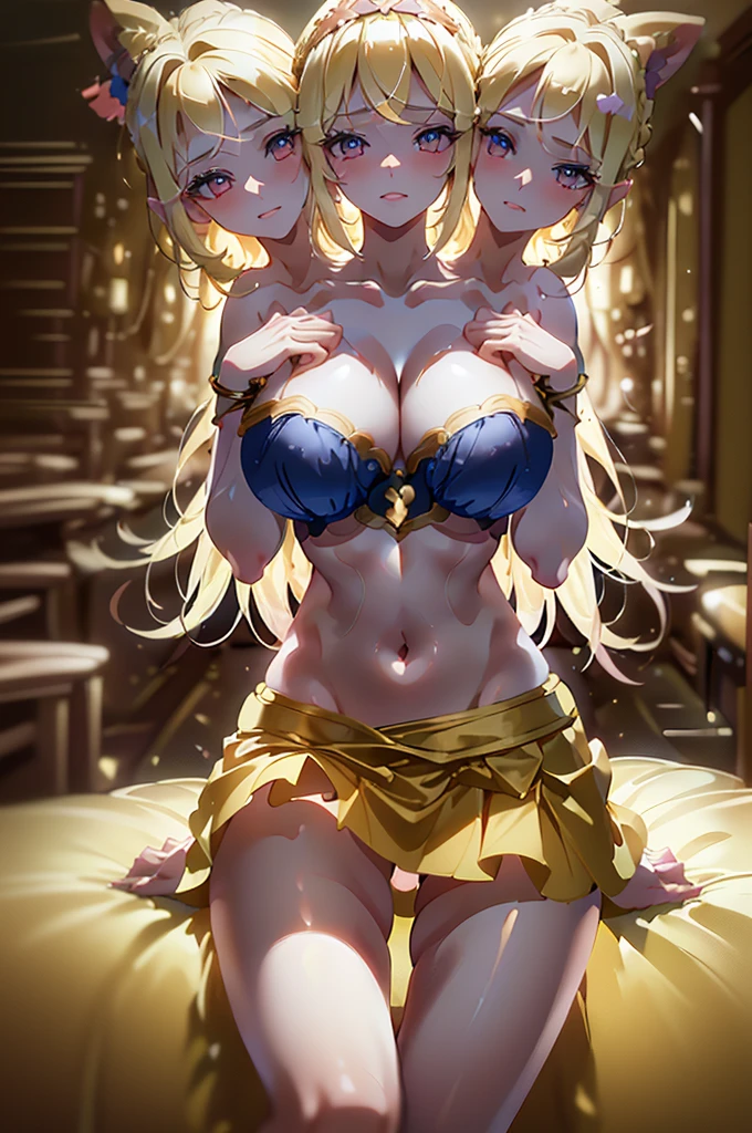 (masterpiece, best quality),best quality, best resolution, (ultra-detailed), (3heads:1.5), 1girl, (alice margatroid:1.3), masterpiece, best quality, yellow top, crop top, ((stomach)), midriff, ((groin)), blue skirt, normal ears, shackles, blonde hair, very long hair, wavy hair, sidelocks, blue eyes, detailed eyes, parted lips, single horn, sweat, cute, toned belly, hand on own chest, eyelashes, (21 year old woman:1.3), (masterpiece:1.4), (best quality:1.4), (beautiful detailed extremely detailed CG, extremely delicate and beautiful, depth of field, (finely detailed face), (perfect details:1.1), (mature female:1.3), wide pelvis, slender, large veiny breast, 8k resolution, high quality, high definition, extremely detailed, masterpiece, best quality, blonde hair, long hair, alluring presence, braid, short skirt, close up, big tits, young, pink headband, clothes lift, lift by self,