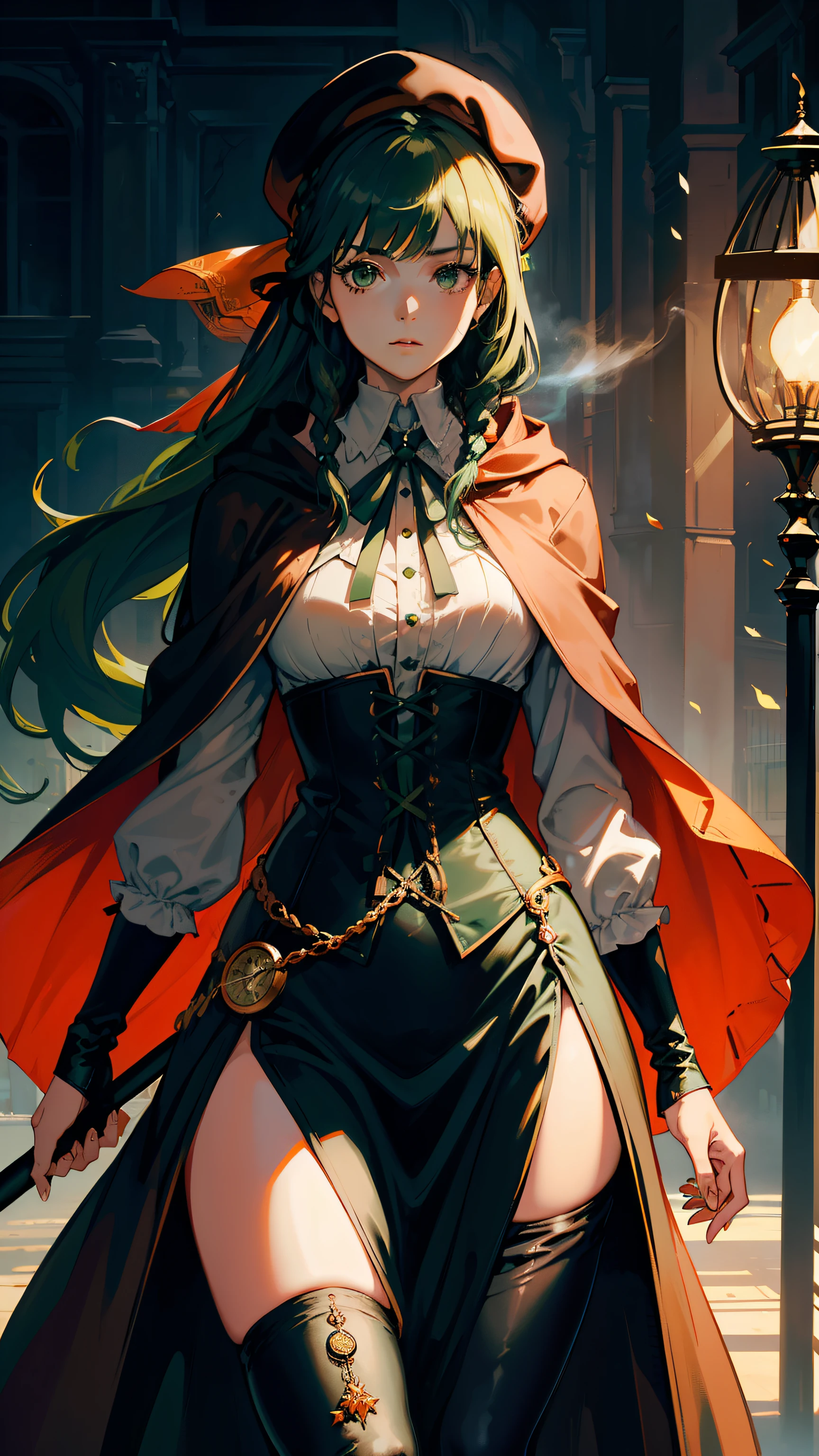 masutepiece, ultra-detailliert, 8K Portrait, Raw photo, a portrait photo of, Highly detailed face, beautiful and meticulous eyes, ((Fantasy)), Young beautiful, 22 years old, Dynamic Pose, ((((long straight deep green hair)))), ((One side is braided with an orange hair ribbon)), Blunt bangs, beret, White skin color, Luxury, Hooded (((Dark brown))) (((Silk Long Cloak))) Fluttering in the wind, (((dress shirts))), (((silk maxi skirt))), Leather corset, (((Dark Thigh High Tights))), High Cut Leather Boots, (((Lift a long magic wand))), ((Equip yourself with a pocket watch)), Midday Sun, Hyper realistic, Body model, Small breasts, Beautiful breasts, Long legs, in a castle, Ambient lighting, Shadow details , Camera focus on face, strong breeze, Light fog
