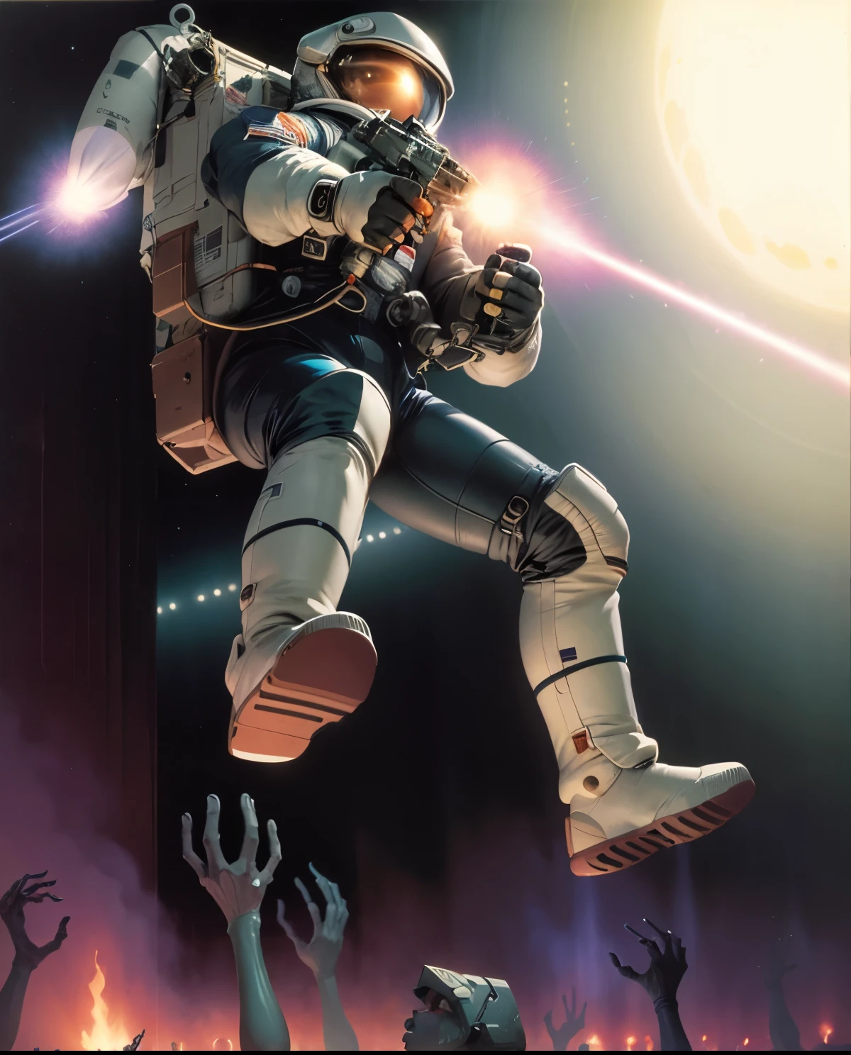 masterpiece, a female astronaut in the air, floating of stretched arms, full body, shooting a laser gun, 1 9 8 0 s sci , wayne douglas barlowe, style of wayne barlowe