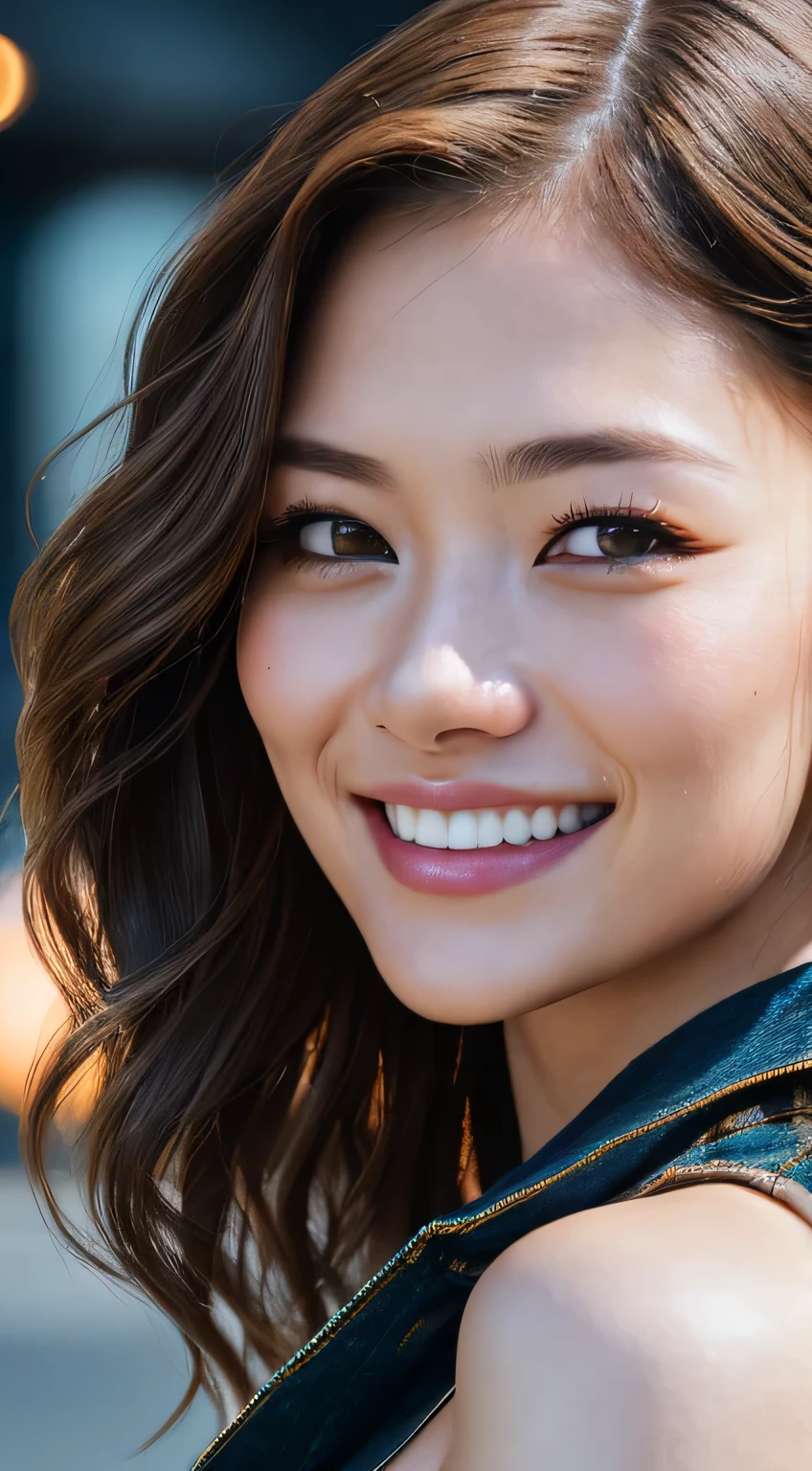 Full Face portrait photo oF 25 year old European girl, raw, beautiFul woman, Semi-open strawberry lip, Dimples, wistFul expression, (Brown hair with extra long wavy), ((detailed Face)), ((detailed Facial Featureine detailed skin), pale skin, Cyberpunk Megacity Environment, (cool color), moist, moist, reFlection, (Masterpiece shot with Canon EOS R5 (detail) (Realistic Photos) (Detailed details) 50mm Lens, F/2.8, nffsw, (8K) (Wallpaper) (Cinematic lighting) (Dramatic Lighting) (sharp Focus) (with an intricate), raw photography, raw photography, Gigachad Photos, Camera Pose, Black jeans, Back arm, 8K uhd, Digital SLR, High quality, Grain film, FujiFilm XT3, Film Stock Photo 4 Kodak Portra 400 Camera F1.6 Lenses Rich colors Ultra-realistic textures Dramatic lighting Unreal Engine Art Station Trends Cinestill 800 Tungsten, toughboy style, Ultra Focus Face, Intimidating, fighting position, Short messy hair, musculature, Ruptured veins, bead, (( oFF-shoulder crop top)), A smile、facial close-up
