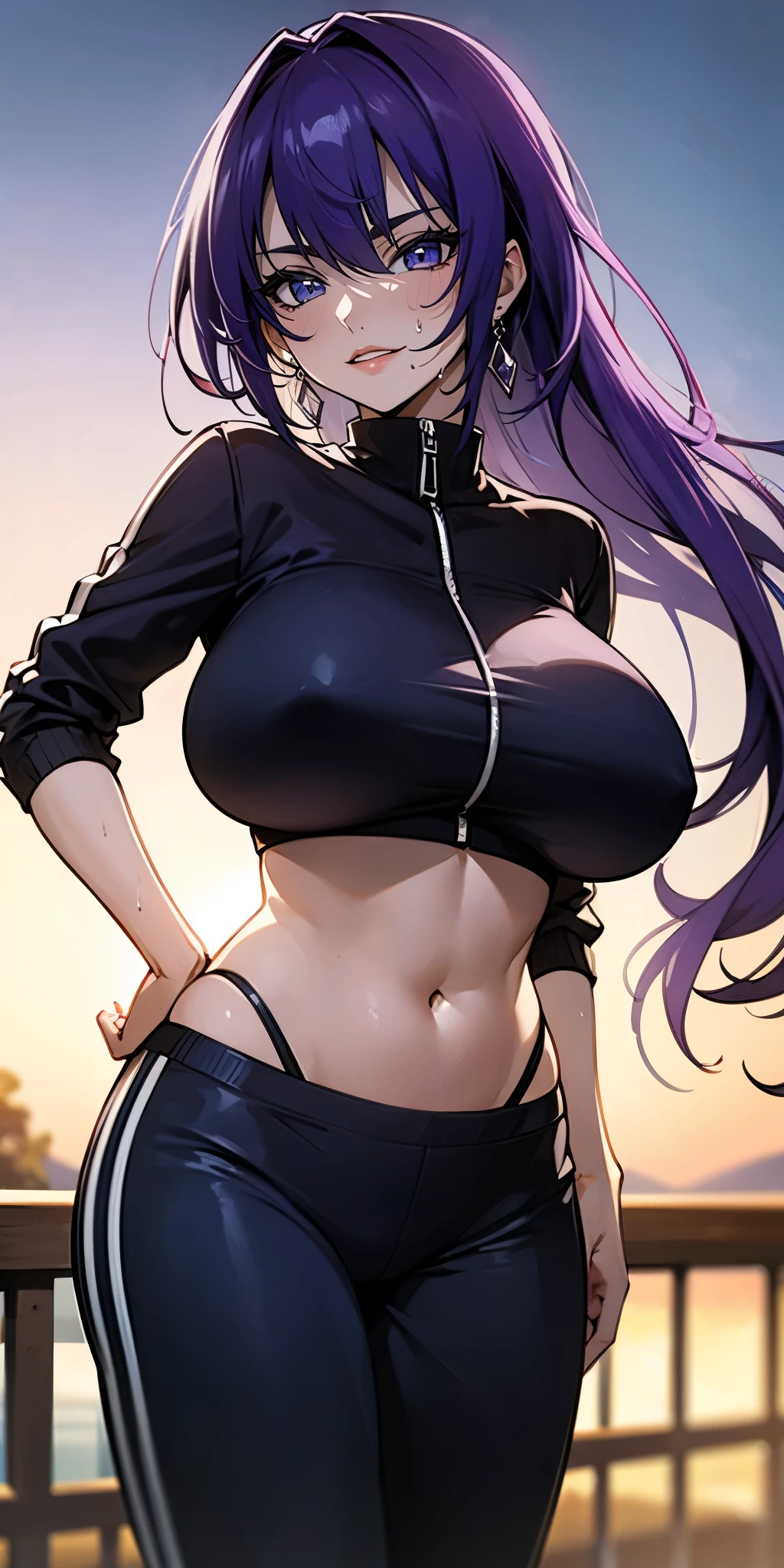 long whitr hair, Purple colored hair, a purple eye, Permanent, exercise well, Jogging bottoms, Wet with, Willow waist, humongous large breast, big breasts drooping, The upper part of the body, tight waistband, belly bulge, navel, both hands on hip, Outdoor activities, Sateen, eventide, bokeh, causticism