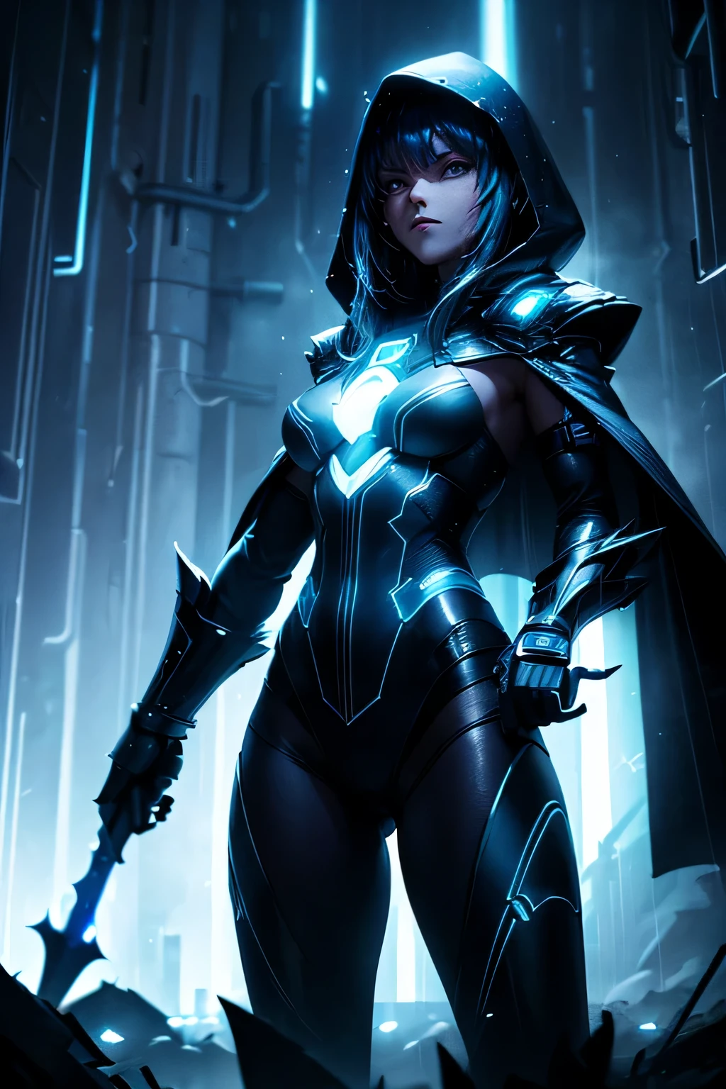 (Ultra detailed:1.3),(grainy:0.8), natural blue lighting, futuristic city, (raining:1.3), (dark:1.3), (fog:1.2), blue lights, neon lights AND girl, cape with hood, light logo, [cyberpunk clothing:torn fabric:0.35], blue lights, neon lights, menacing, sharp, (pointing weapon at the viewer:1.2),(Cold Colors:0.75), highly detailed, vibrant appearance, creative behavior, extremly detailed, imaginative, , spontaneous, highest quality, skin texture, intricate details, (cinematic lighting), RAW photo, 8k, masterpiece,best quality,ultra-detailed,very detailed illustrations,extremely detailed,intricate details,highres,super complex details,extremely detailed 8k cg wallpaper,