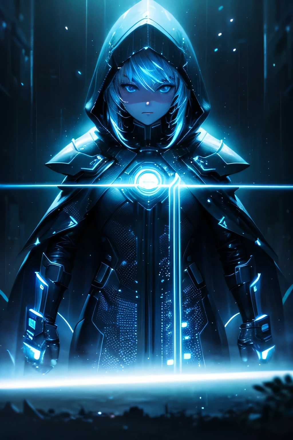 (Ultra detailed:1.3),(grainy:0.8), natural blue lighting, futuristic city, (raining:1.3), (dark:1.3), (fog:1.2), blue lights, neon lights AND girl, cape with hood, light logo, [cyberpunk clothing:torn fabric:0.35], blue lights, neon lights, menacing, sharp, (pointing weapon at the viewer:1.2),(Cold Colors:0.75), highly detailed, vibrant appearance, creative behavior, extremly detailed, imaginative, , spontaneous, highest quality, skin texture, intricate details, (cinematic lighting), RAW photo, 8k, masterpiece,best quality,ultra-detailed,very detailed illustrations,extremely detailed,intricate details,highres,super complex details,extremely detailed 8k cg wallpaper,