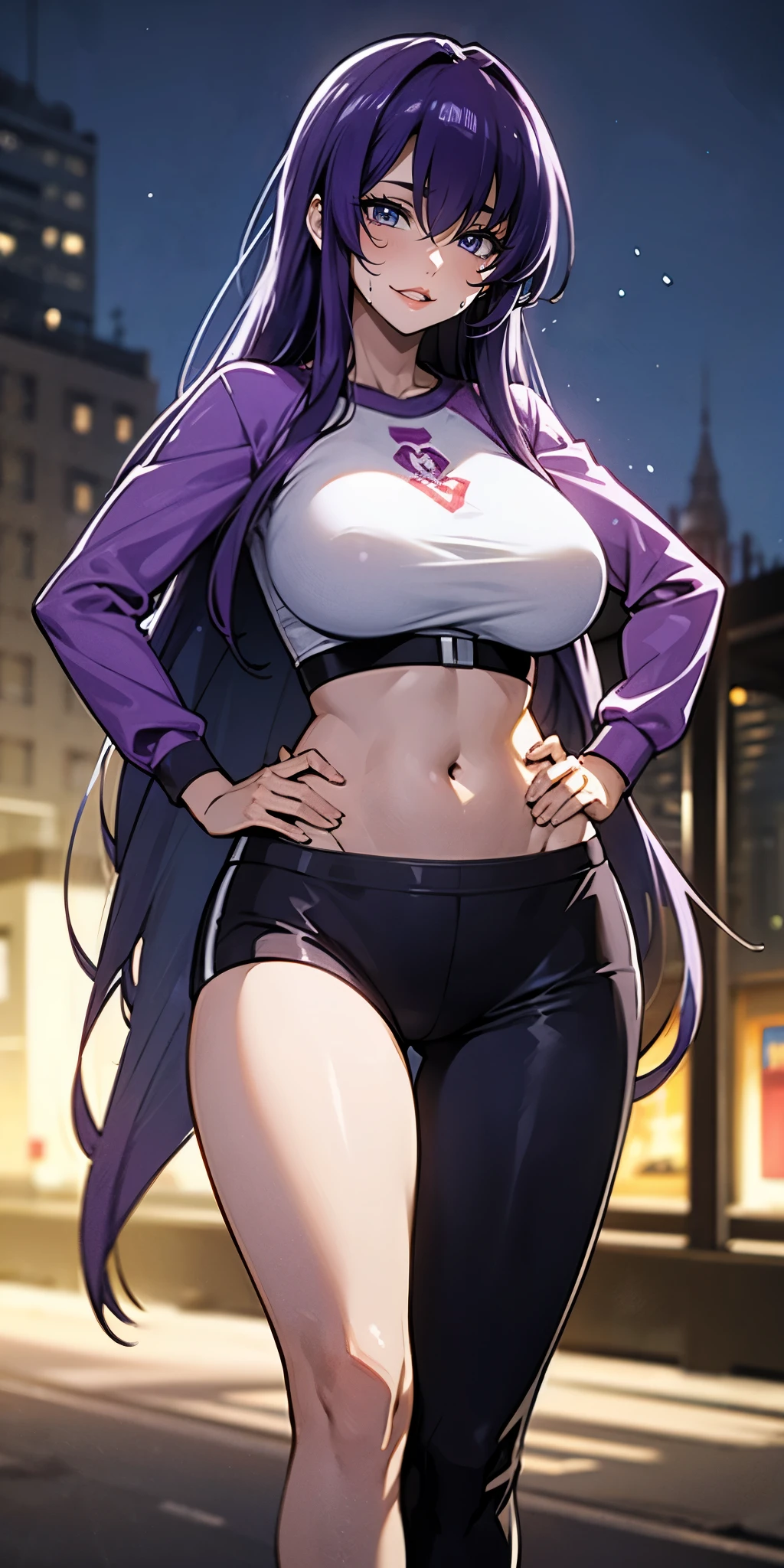 long whitr hair, Purple colored hair, a purple eye, Permanent, exercise well, Jogging bottoms, Wet with, Willow waist, humongous large breast, big breasts drooping, The upper part of the body, tight waistband, belly bulge, navel, both hands on hip, Outdoor activities, Sateen, eventide, bokeh, causticism