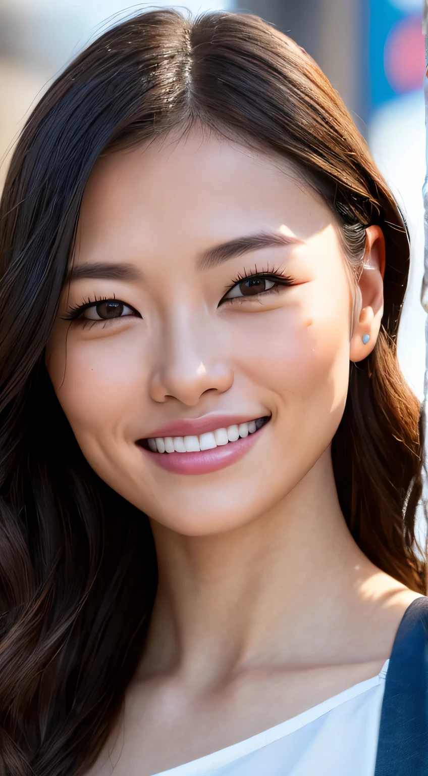 Full Face portrait photo oF 25 year old European girl, raw, beautiFul woman, Semi-open strawberry lip, Dimples, wistFul expression, (Brown hair with extra long wavy), ((detailed Face)), ((detailed Facial Featureine detailed skin), pale skin, Cyberpunk Megacity Environment, (cool color), moist, moist, reFlection, (Masterpiece shot with Canon EOS R5 (detail) (Realistic Photos) (Detailed details) 50mm Lens, F/2.8, nffsw, (8K) (Wallpaper) (Cinematic lighting) (Dramatic Lighting) (sharp Focus) (with an intricate), raw photography, raw photography, Gigachad Photos, Camera Pose, Black jeans, Back arm, 8K uhd, Digital SLR, High quality, Grain film, FujiFilm XT3, Film Stock Photo 4 Kodak Portra 400 Camera F1.6 Lenses Rich colors Ultra-realistic textures Dramatic lighting Unreal Engine Art Station Trends Cinestill 800 Tungsten, toughboy style, Ultra Focus Face, Intimidating, fighting position, Short messy hair, musculature, Ruptured veins, bead, (( oFF-shoulder crop top)), Smile with closed mouth、facial close-up