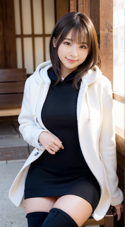 (Photorealistic), (ultra high realistic), (The ultra -The high-definition目), (ultra high detailed), (Increase contrast), (Increase saturation), ( super beautiful girl), (light skinned)A pretty woman with perfect figure, Bright smile,, (Lifelike face), a short bob、Hair hanging over the ears, Realistic eyes, natural make up、beautiful detail, (real looking skin), Beautiful skins, enticing, The ultra -The high-definition, A hyper-realistic, Realistic, Very detailed,, bangss), (Tight black knit miniskirt dress、)(Outerwear is a short white hooded coat、Opening the front)(White knee high boots)japanese cute idol, I can see the cleavage) Brown hair,cafes、Sexy pose with butt sticking out、Beautiful valley、beutiful breast、thin-waist、big butts、Crossed legs、a chair、Knee-deep angle