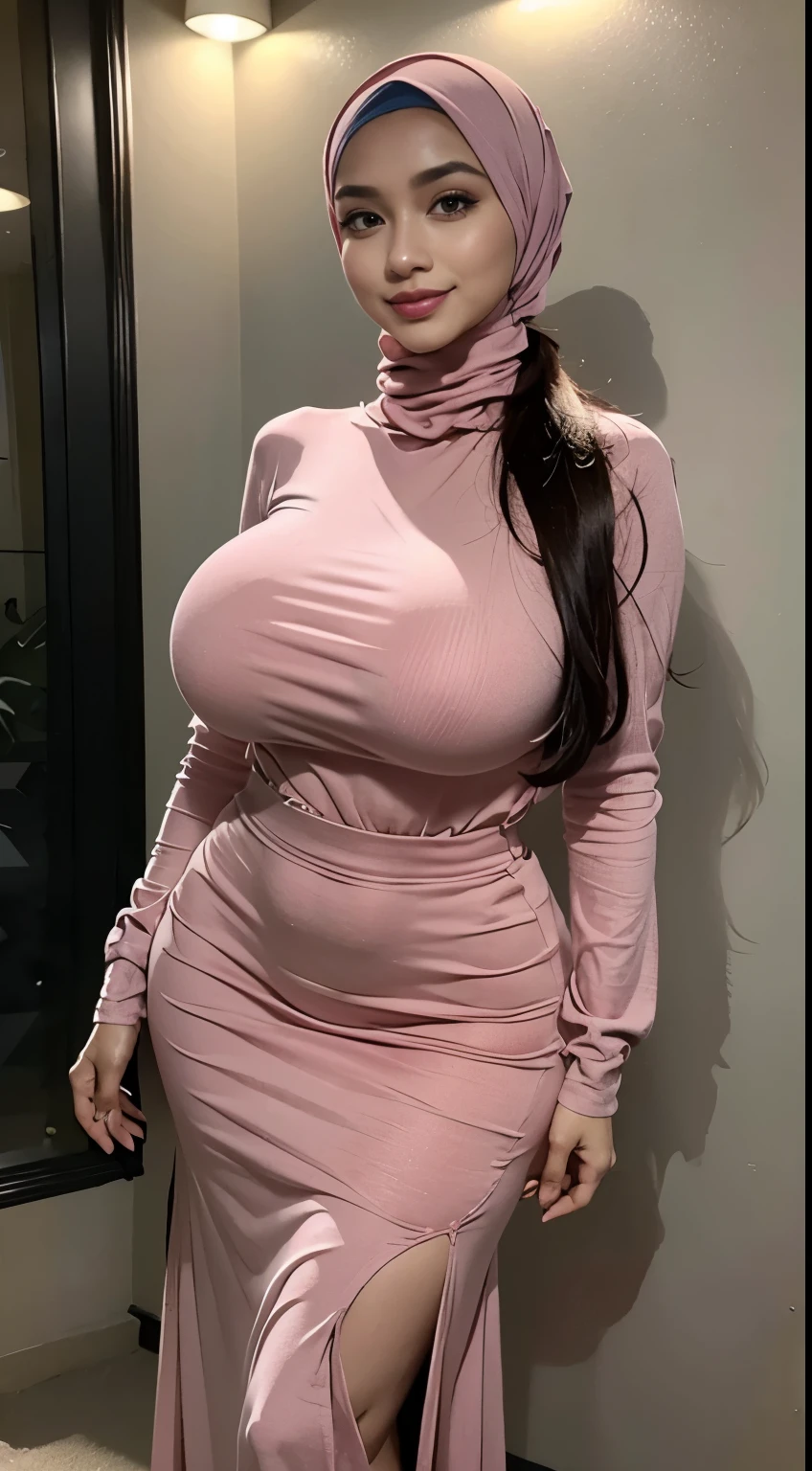 RAW, Best quality, high resolution, masterpiece: 1.3), Beautiful Malay woman in hijab, Masterpiece, perfect fit body, Big breasts, beautiful big eyes, Soft smile,RAW, Best quality, high resolution, masterpiece: 1.3), beautiful Malay woman in hijab,Masterpiece, perfect fit body, ((Huge breast)), big orgeous eyes, Soft smile, woman pink_shirt, wearing handscarf,long dress , smooth turtleneck, necklace , hairband, evening walk, City park, Great lighting, Bright colors, Clean lines