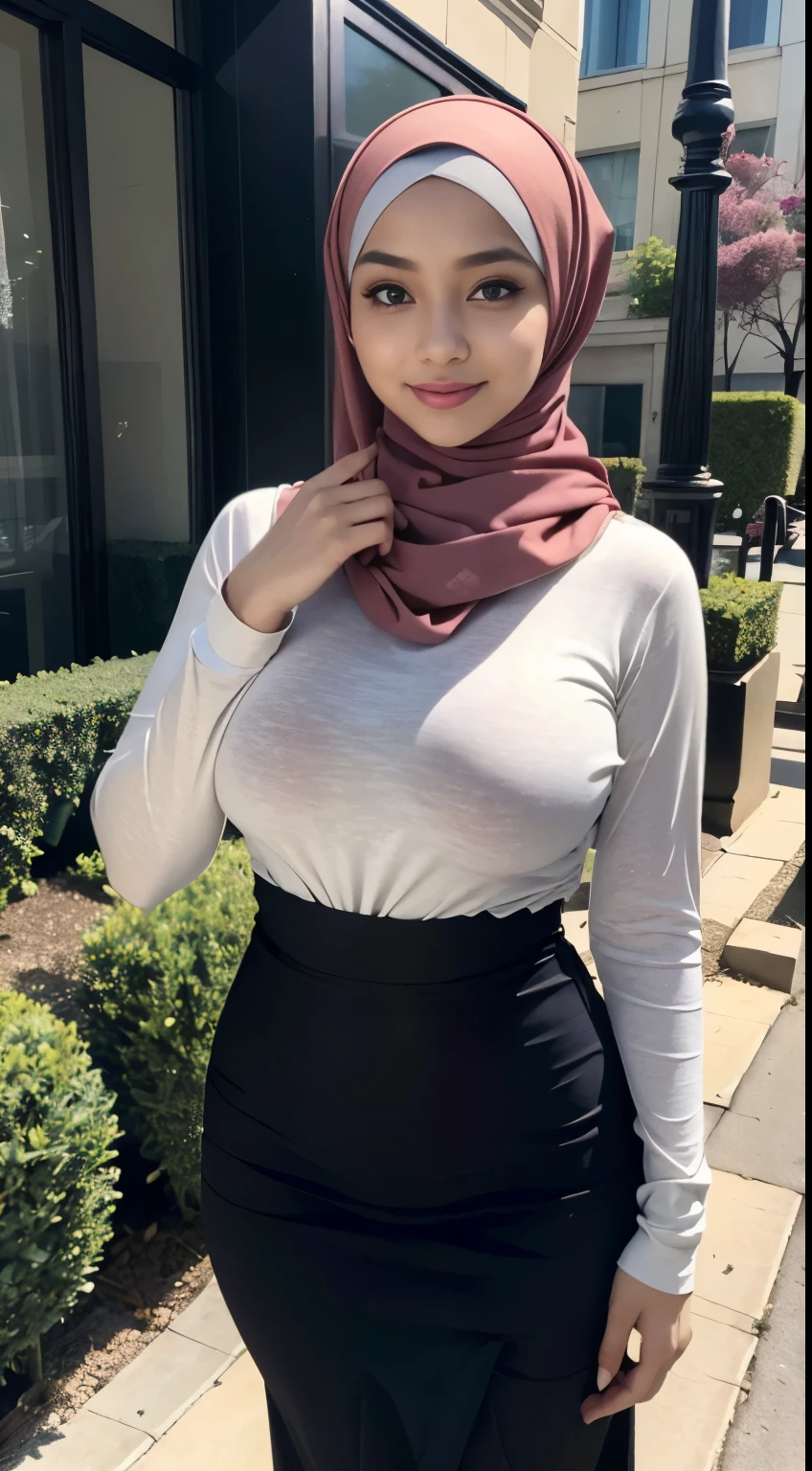Malaysian, woman, blush, wore hijab, big breasts, smile, 1 person, skirt fluttering in the wind