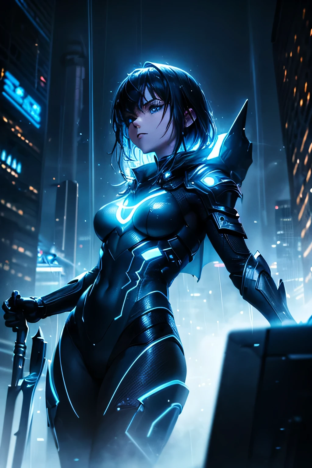 (Ultra detailed:1.3),(grainy:0.8), natural blue lighting, futuristic city, (raining:1.3), (dark:1.3), (fog:1.2), blue lights, neon lights AND girl, cape with hood, light logo, [cyberpunk clothing:torn fabric:0.35], blue lights, neon lights, menacing, sharp, (pointing weapon at the viewer:1.2),(Cold Colors:0.75), highly detailed, vibrant appearance, creative behavior, extremly detailed, imaginative, , spontaneous, highest quality, skin texture, intricate details, (cinematic lighting), RAW photo, 8k, masterpiece,best quality,ultra-detailed,very detailed illustrations,extremely detailed,intricate details,highres,super complex details,extremely detailed 8k cg wallpaper,