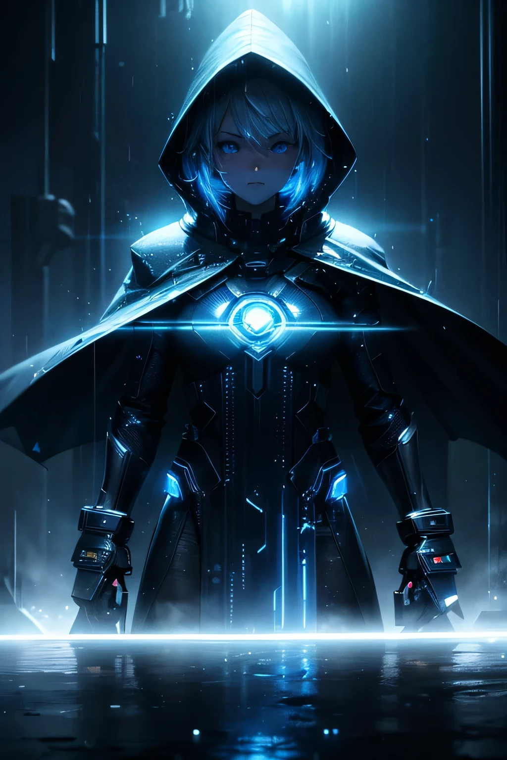 (Ultra detailed:1.3),(grainy:0.8), natural blue lighting, futuristic city, (raining:1.3), (dark:1.3), (fog:1.2), blue lights, neon lights AND girl, cape with hood, light logo, [cyberpunk clothing:torn fabric:0.35], blue lights, neon lights, menacing, sharp, (pointing weapon at the viewer:1.2),(Cold Colors:0.75), highly detailed, vibrant appearance, creative behavior, extremly detailed, imaginative, , spontaneous, highest quality, skin texture, intricate details, (cinematic lighting), RAW photo, 8k, masterpiece,best quality,ultra-detailed,very detailed illustrations,extremely detailed,intricate details,highres,super complex details,extremely detailed 8k cg wallpaper,