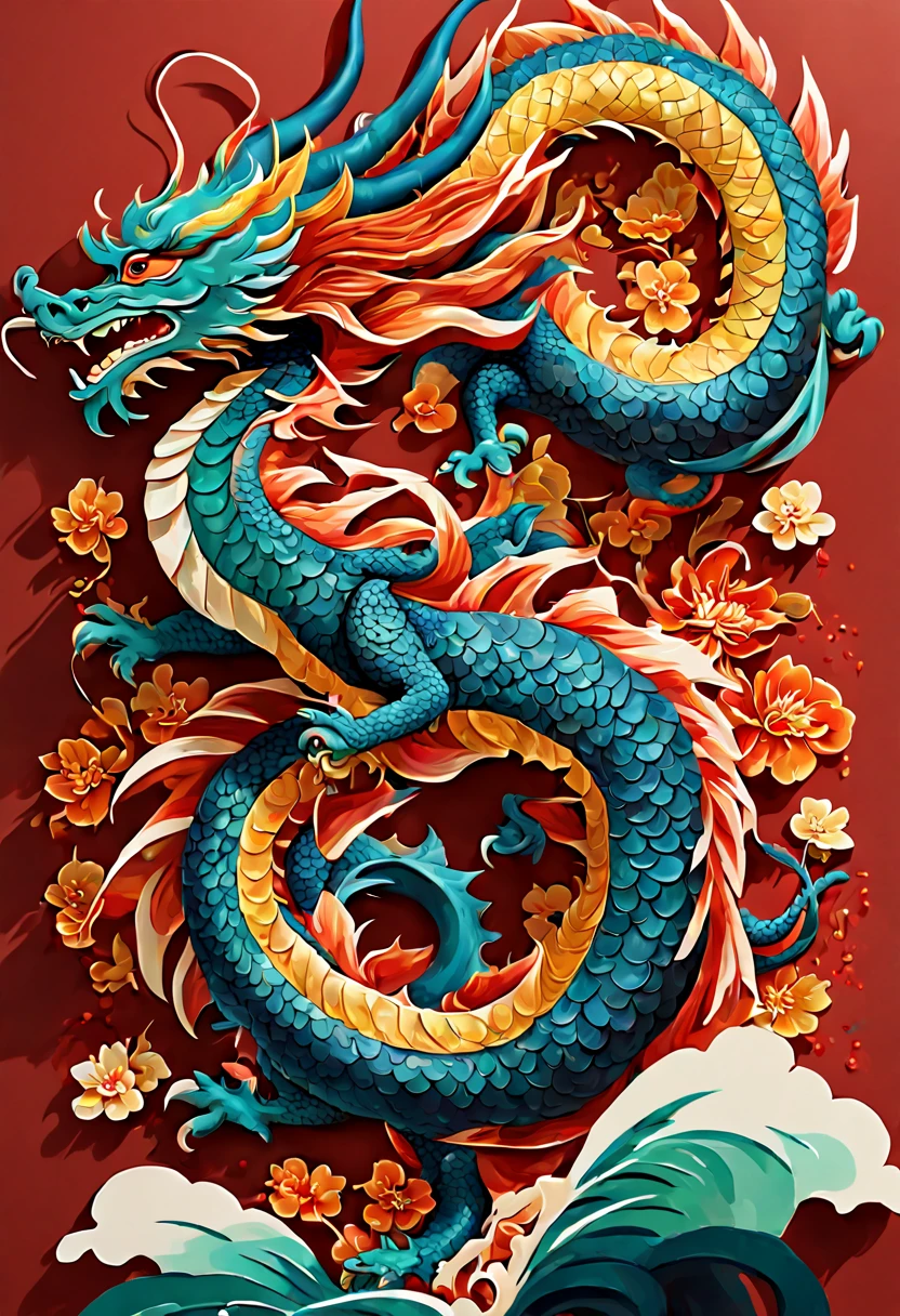 painting logo,flat style,chinese_new_year,dragon, Vibrant, beautiful, painterly, detailed, textural, artistic, enhance, intricate, (best quality, masterpiece, Representative work, official art, Professional, unity 8k wallpaper:1.3)