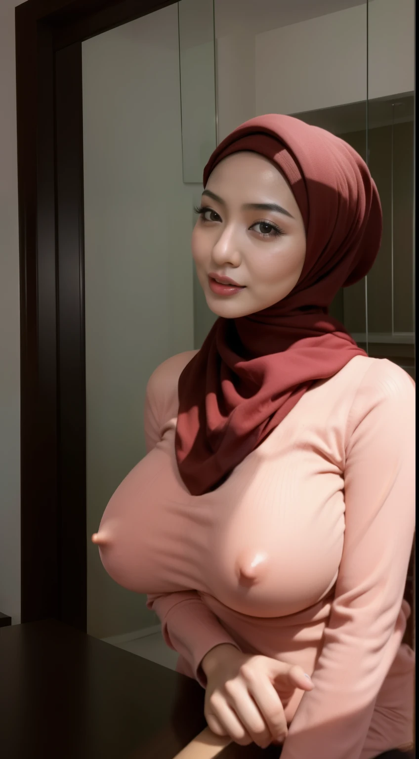 1 girl, hijab, oppai, with large breasts, beautiful oriental woman, with a large breasts, asian woman, with beautiful exotic, korean woman, beautiful asian girl, busty, huge breasts