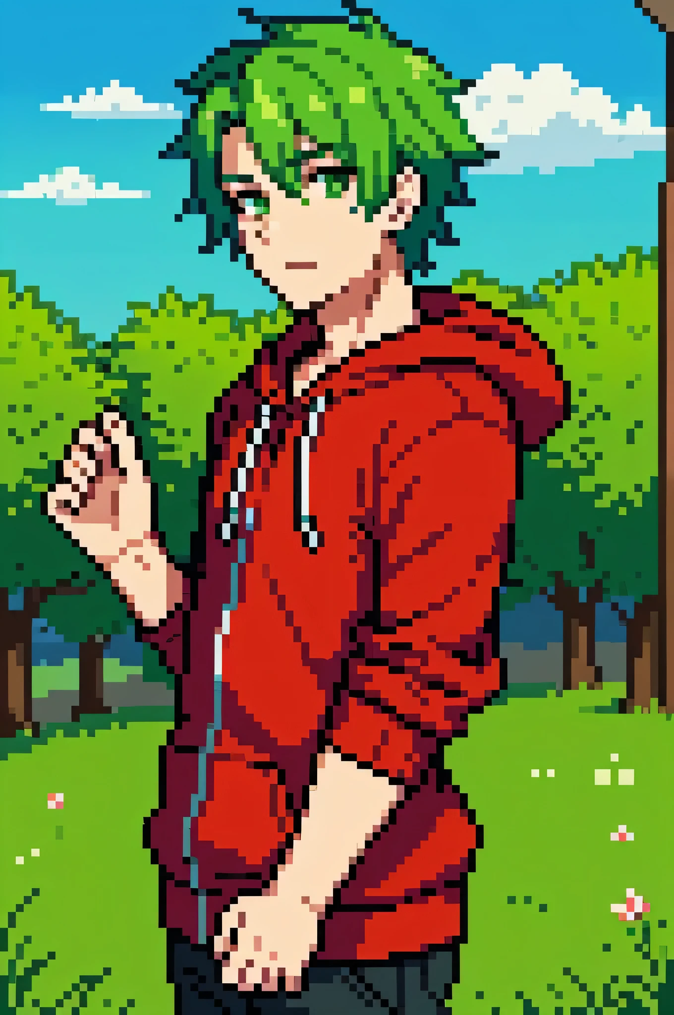 There was only one person in the picture.. The background is a grass field.. Cartoon character with green hair, green eyes, Wear a red hoodie.