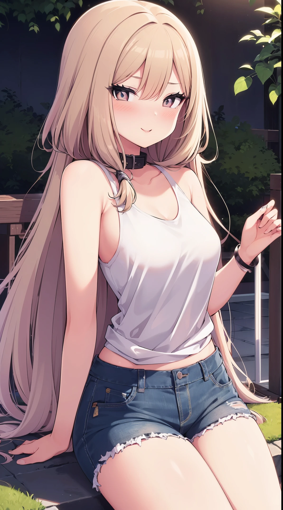 (Best quality at best,4K,A high resolution,tmasterpiece:1.2),ultra - detailed, Outdoor scene with 1girl, Blonde hair, with long coiled hair, With gray eyes, and medium. The girl in the white jacket, Collar, tank top and jeans. The scene is set in a beautiful garden,flowers blooming,The grass is luxuriant. The sun casts a warm glow on the girl's face,Illuminates the surroundings. vibrant with colors,Rich texture, Create visually stunning images, (lusty smile), looking at viewert