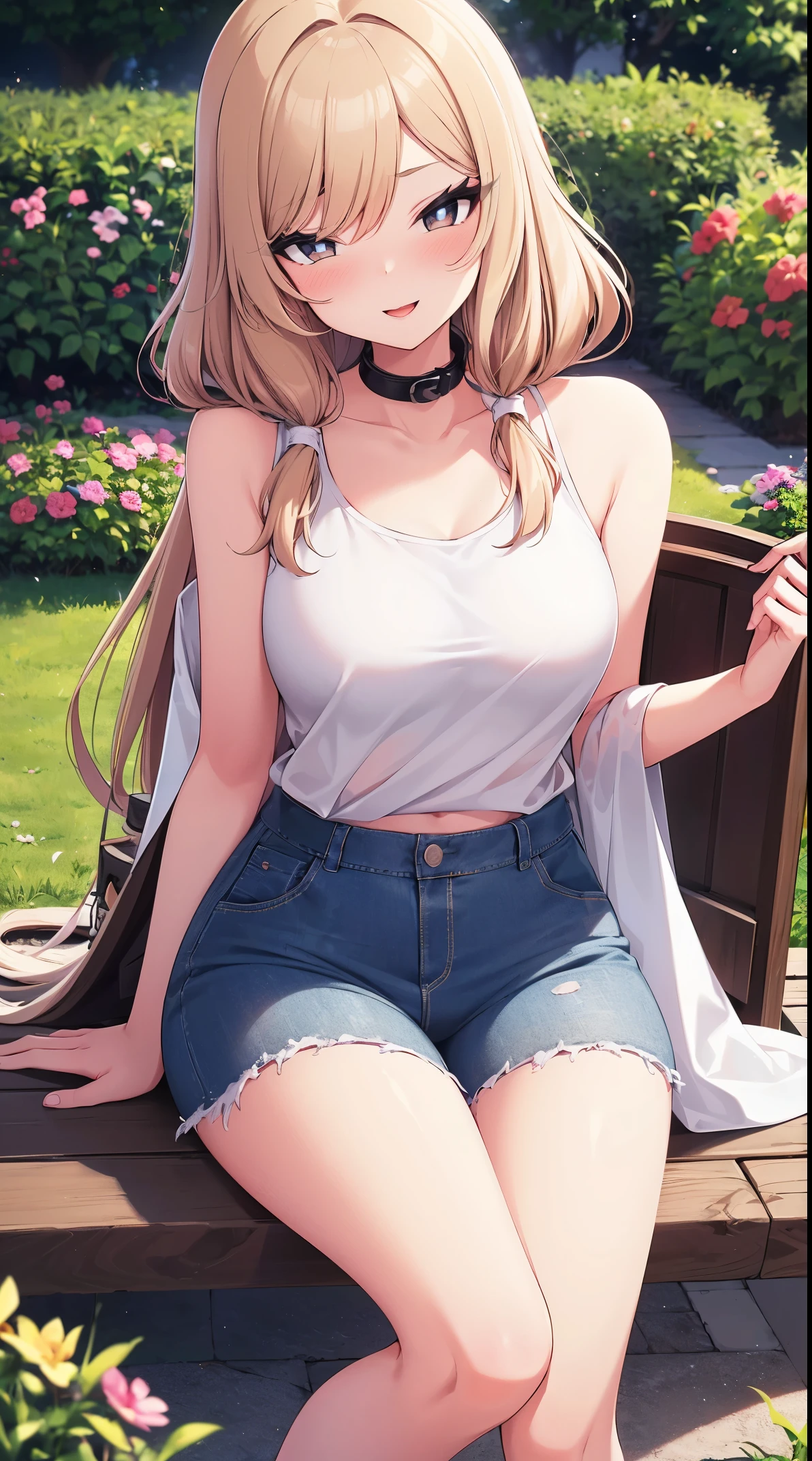 (Best quality at best,4K,A high resolution,tmasterpiece:1.2),ultra - detailed, Outdoor scene with 1girl, Blonde hair, with long coiled hair, With gray eyes, and medium. The girl in the white jacket, Collar, tank top and jeans. The scene is set in a beautiful garden,flowers blooming,The grass is luxuriant. The sun casts a warm glow on the girl's face,Illuminates the surroundings. vibrant with colors,Rich texture, Create visually stunning images, (lusty smile), looking at viewert