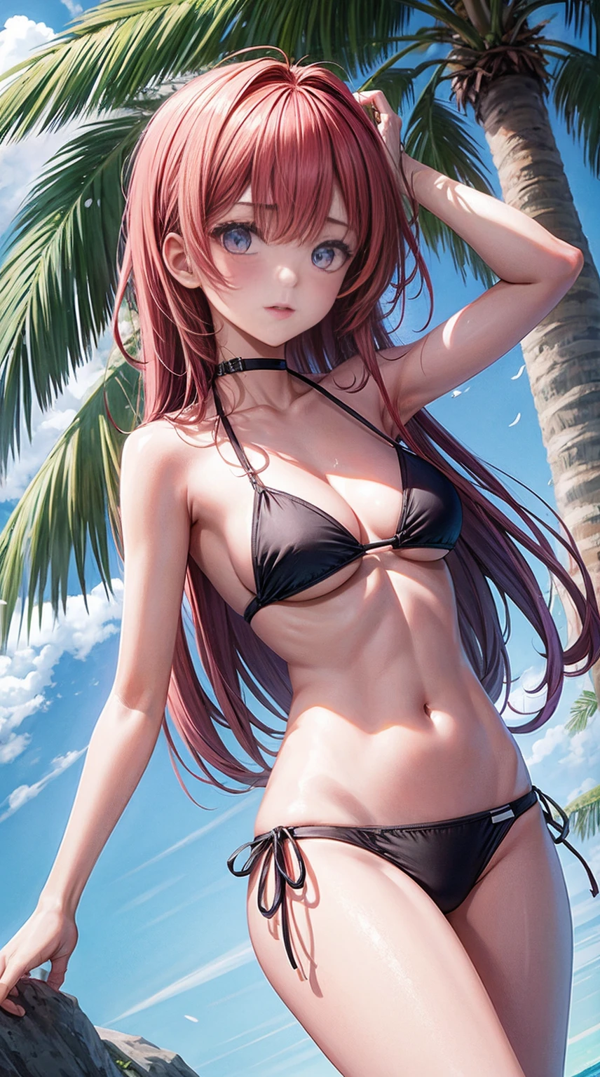 lighting like a movie、top-quality、Slender Line、embarrassed from、Eyes from below、Colossal tits、Girl in pink bikini、the beach、