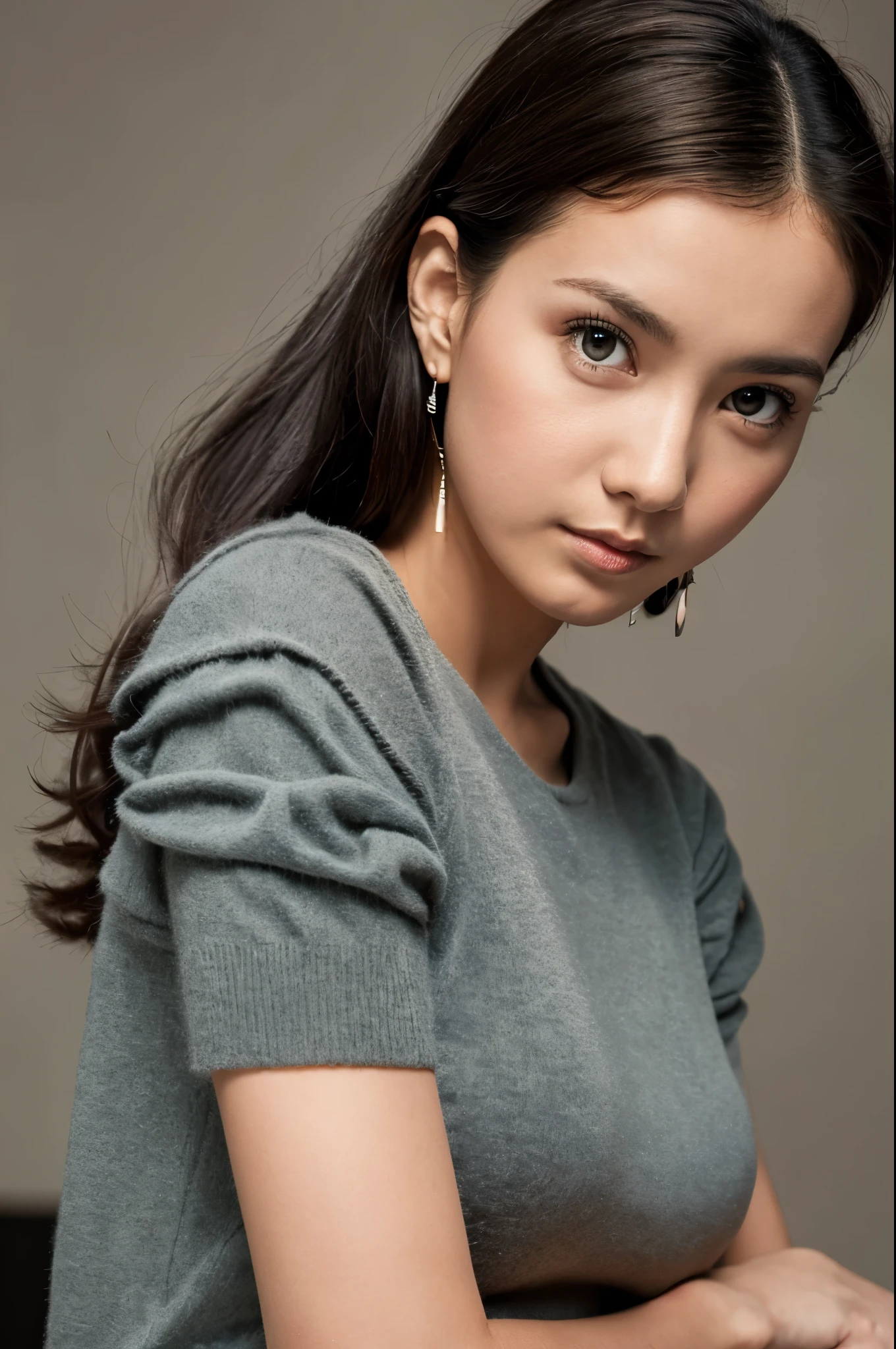 (1girl:1.2),(upper body close-up:1.2), clean background, dark cashmere tight short-sleeved T-shirt, pleated short skirt, wearing medium gray color, posing for photos, adjacent color matching, elegant temperament, elegant intellectual feeling, high image quality, hair coiled, detailed skin texture and cloth texture, detailed eyes, detailed long eyelashes, double eyelids, portrait photography, focal length 30mm, aperture F2.4, God's perspective, realism, costume photography, quiet and good times,