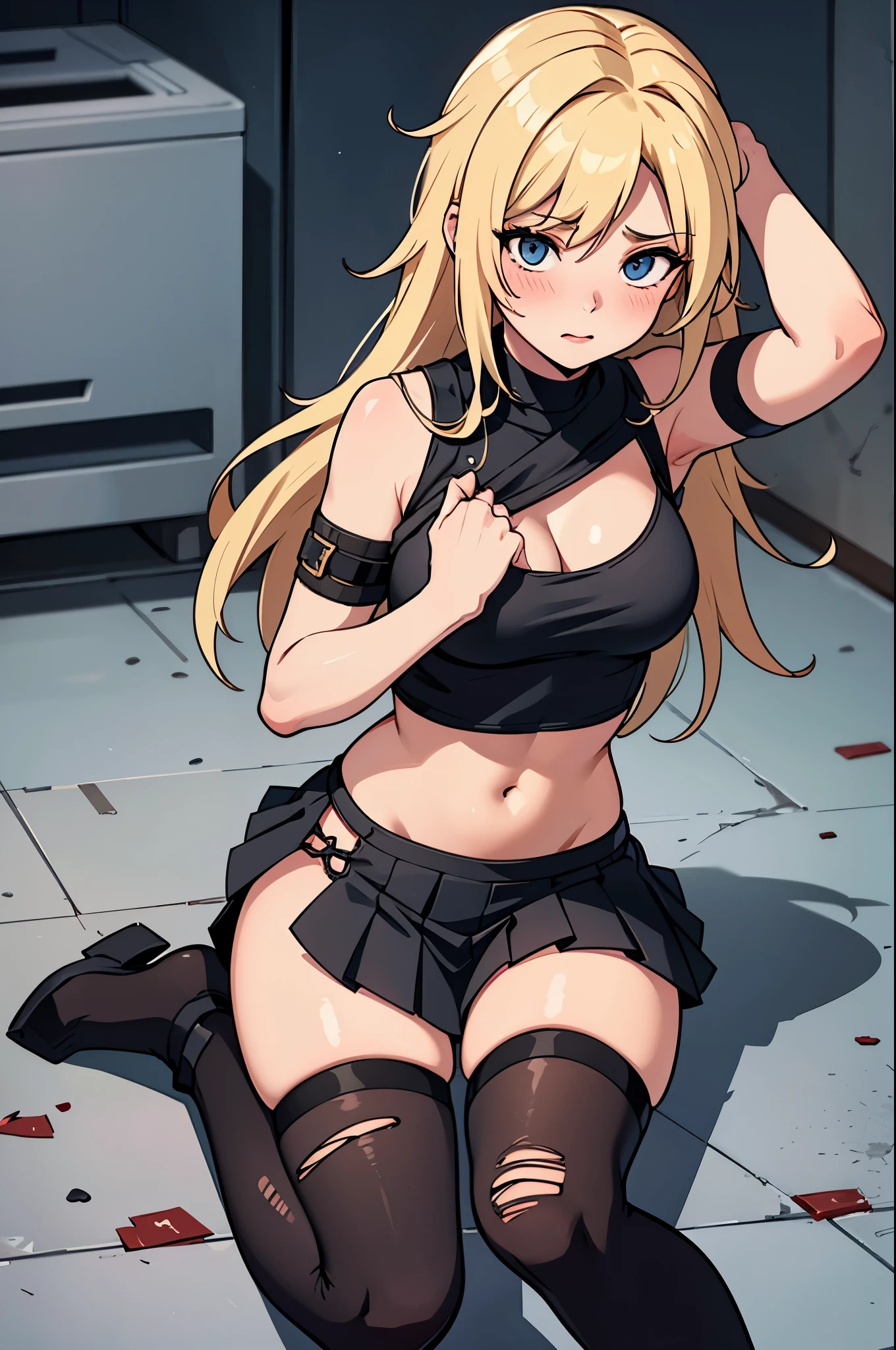 1woman, blonde hair, overwatch 2 mercy face, hair covering right eye, blushing, ripped up spaggethi strap crop top, pleated black ripped skirt, detaily ripped off black tigh-highs, her thigh-highs being shrdedded, getting her clothes ripped to shreds, all destroyed and ripped off clothing, no shoes, laying on back in fetel postition, scracthed and bruised and bleeding, dungeon background, low health points, ryona, beat up girl, near death, from above