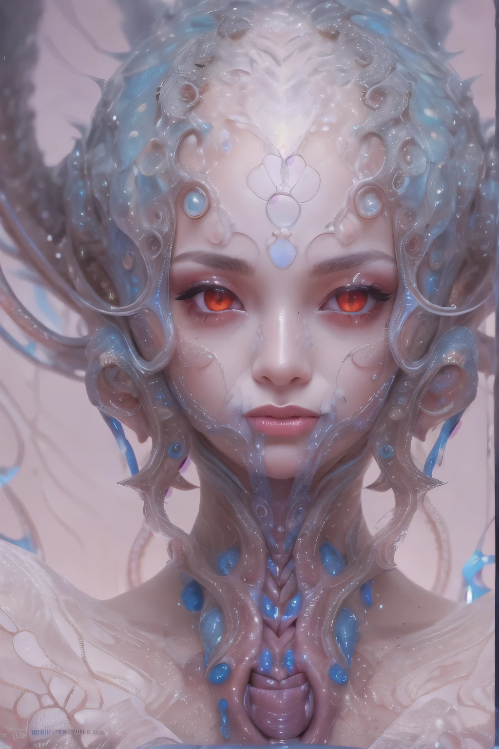 Portrait, (beautiful female alien:1.2), (she has red eyes with no pupils:1.8), (Translucent skin:1.7), (There is a female genital-like organ in the middle of the forehead:1.9), (The most beautiful face in the history of the universe:1.2),an evil gaze that seduces, (large mouth:1.1), (sharp teeth like a vampire:1.2), Full body like, (bio luminescent:1.5), (Smile wickedly:1.3), (sexypose:1.5), alien, No humans, cells are fused, (Lots of translucent tentacles:1.3) extraterrestrial, cell, bio image, Best Quality, 8K,4K_quality, High Definition, Dramatic Lighting, masutepiece:1.5,cinematic quality, detail up, (Intricate details:1.2), High resolution, High Definition, drawing faithfully, (Thick eyebrows:1.2), Beautiful eyes with fine symmetry,(Highly detailed face and eyes:1.2), Intimate face, (Super detailed skin quality feeling:1.4), Perfect Anatomy, (Beautiful toned body:1.5), (Moist skin:1.2), No makeup, (dark circles:1.1), long canines, cinematic drawing of characters, ultra high quality model, cinematic quality, detail up, (Intricate details:1.2), High resolution, High Definition, drawing faithfully, Official art, Unity 8K wall , 8K Portrait, Best Quality, Very High resolution, ultra detailed artistic photography, midnight aura, unreal enginee 5, Ultra Sharp Focus, art by alberto seveso, ArtGerm, Roisch, intricate artwork, best quality, masutepiece, ultra High resolution, (photos realistic:1.4), Ultra-realistic realism, dream-like, nautilus, Creation of fantasy, Snail, Dream Snail, biopunk nautilus, Thrilling color schemes, Ultra-realistic realism, seductively smiling, Blue tentacles,