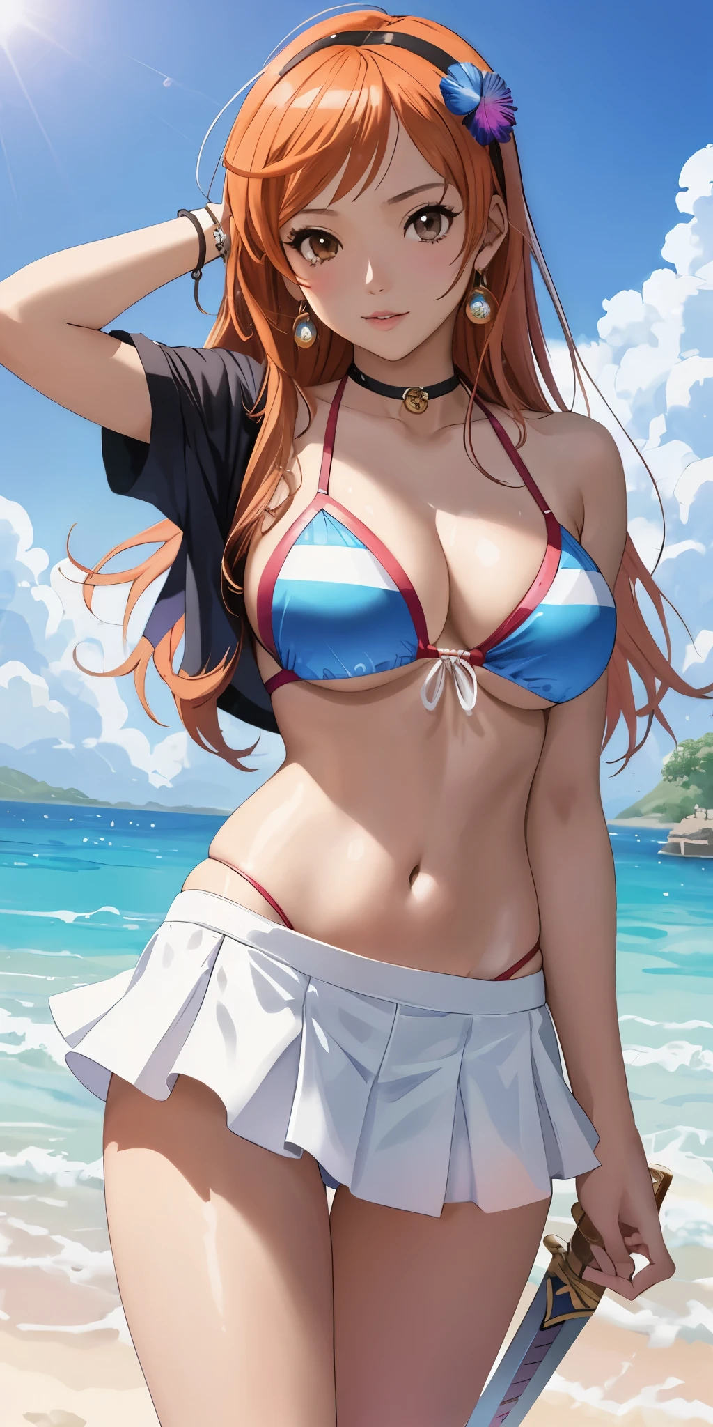 A Filipino woman wearing a bikini top and super miniskirt holding a sword, White shorts visible under miniskirt、Nami one piece, Beautiful portrait of Nami,White color visible from miniskirt、 Nami one piece,Nami wears super mini skirt, detailed digital anime art, Cute exirobat shows white pants, Very detailed Art germ haha, deviantart art station cgscosiety, realistic bikini, swim wears, Fan Art Best Art Station, Art germ. high detal