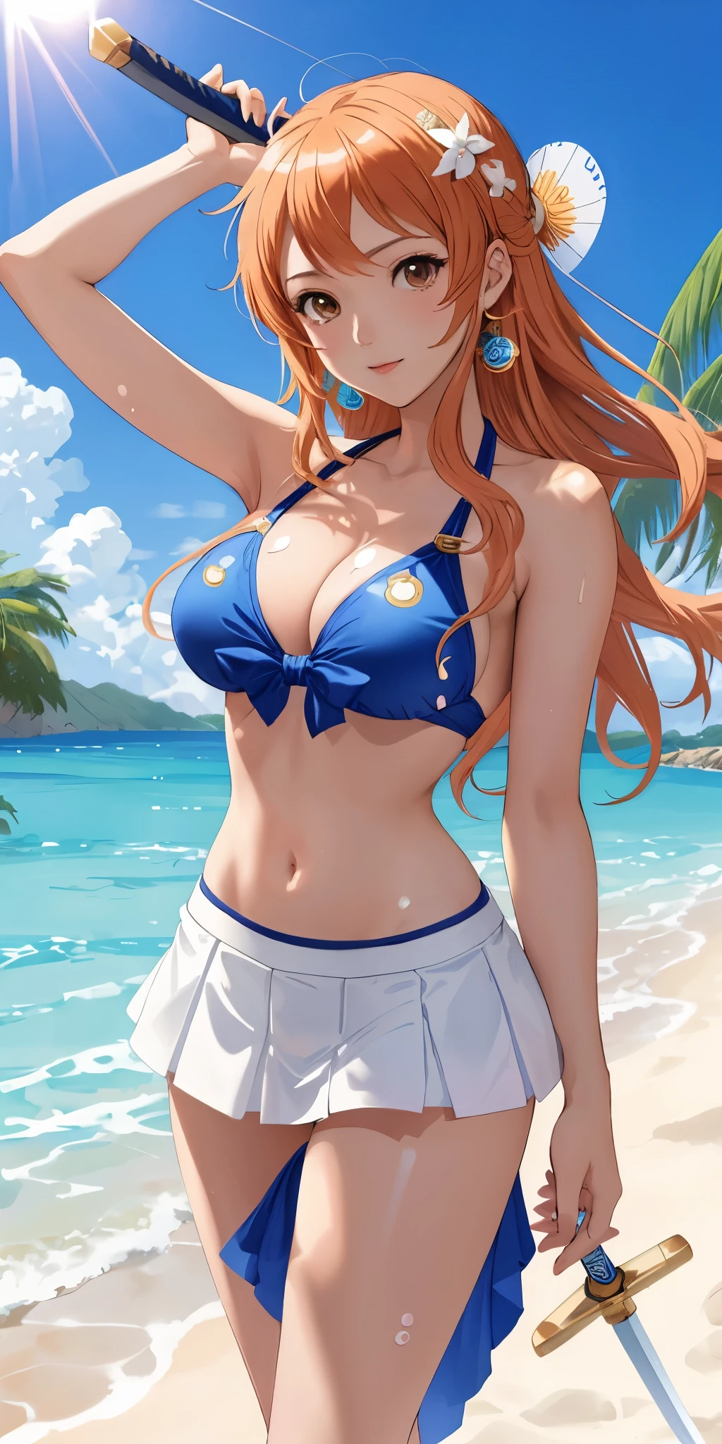 A Filipino woman wearing a bikini top and super miniskirt holding a sword, White shorts visible under miniskirt、Nami one piece, Beautiful portrait of Nami,White color visible from miniskirt、 Nami one piece,Nami wears super mini skirt, detailed digital anime art, Cute exirobat shows white pants, Very detailed Art germ haha, deviantart art station cgscosiety, realistic bikini, swim wears, Fan Art Best Art Station, Art germ. high detal