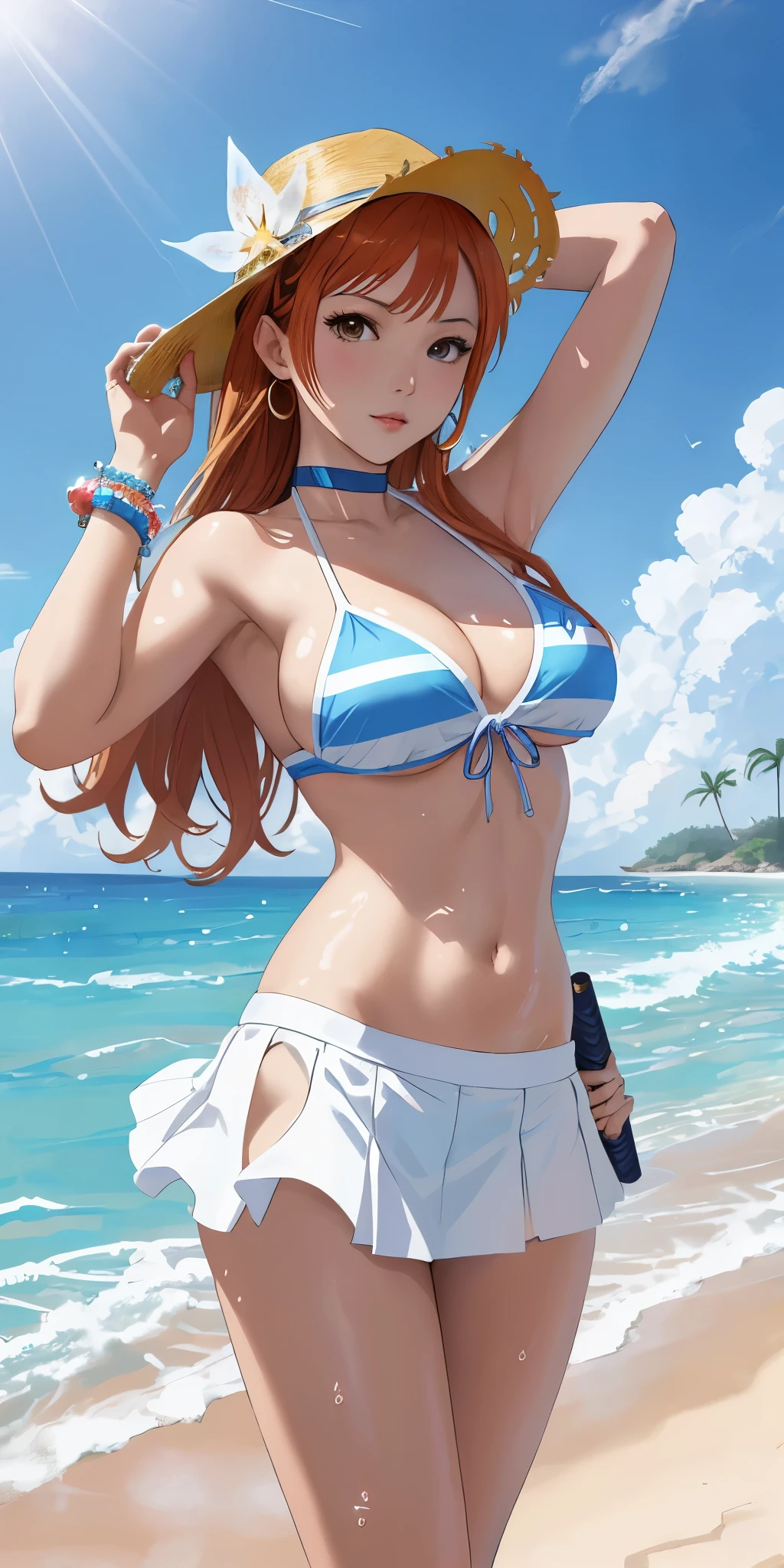 A Filipino woman wearing a bikini top and super miniskirt holding a sword, White shorts visible under miniskirt、Nami one piece, Beautiful portrait of Nami,White color visible from miniskirt、 Nami one piece,Nami wears super mini skirt, detailed digital anime art, Cute exirobat shows white pants, Very detailed Art germ haha, deviantart art station cgscosiety, realistic bikini, swim wears, Fan Art Best Art Station, Art germ. high detal