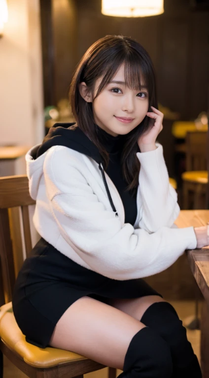 (Photorealistic), (ultra high realistic), (The ultra -The high-definition目), (ultra high detailed), (Increase contrast), (Increase saturation), ( super beautiful girl), (light skinned)A pretty woman with perfect figure, Bright smile,, (Lifelike face), a short bob、Hair hanging over the ears, Realistic eyes, natural make up、beautiful detail, (real looking skin), Beautiful skins, enticing, The ultra -The high-definition, A hyper-realistic, Realistic, Very detailed,, bangss), (Tight black knit miniskirt dress、)(Outerwear is a short white hooded coat、Opening the front)(White knee high boots)japanese cute idol, I can see the cleavage) Brown hair,((Stylish café))pose sensual、Beautiful valley、beutiful breast、thin-waist、big butts、Crossed legs、a chair、Knee-deep angle