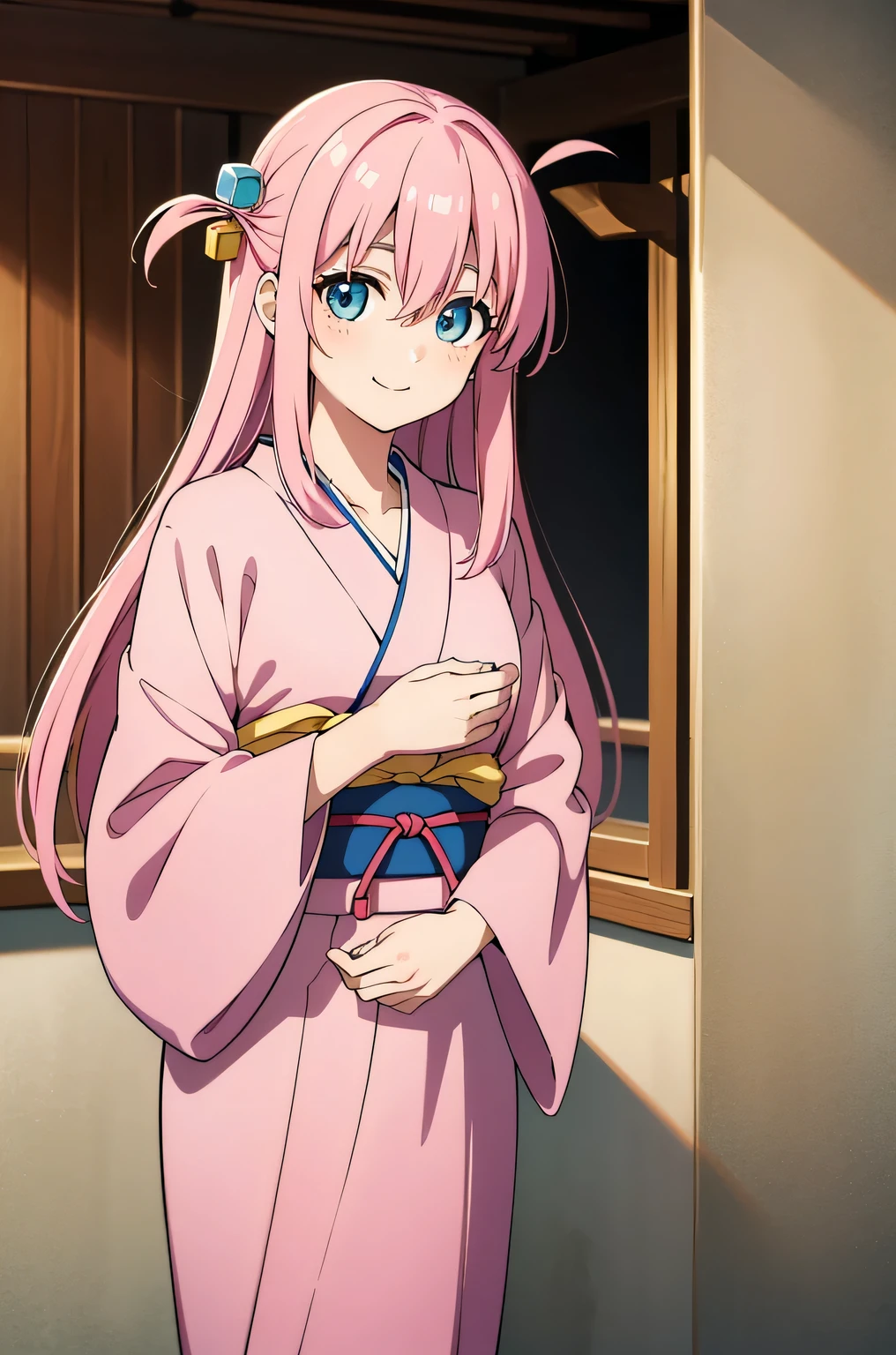 hitori gotou, blue eyes, cube hair ornament, hair between eyes, hair ornament, pink hair, one side up, long hair, pink kimono, (best quality), (high quality), {masterpiece}, perfect hands, extremely delicate and beautiful, ultra-detailed, beautiful detailed eyes, first visit of the year to a shrine, smile, closed mouth, standing