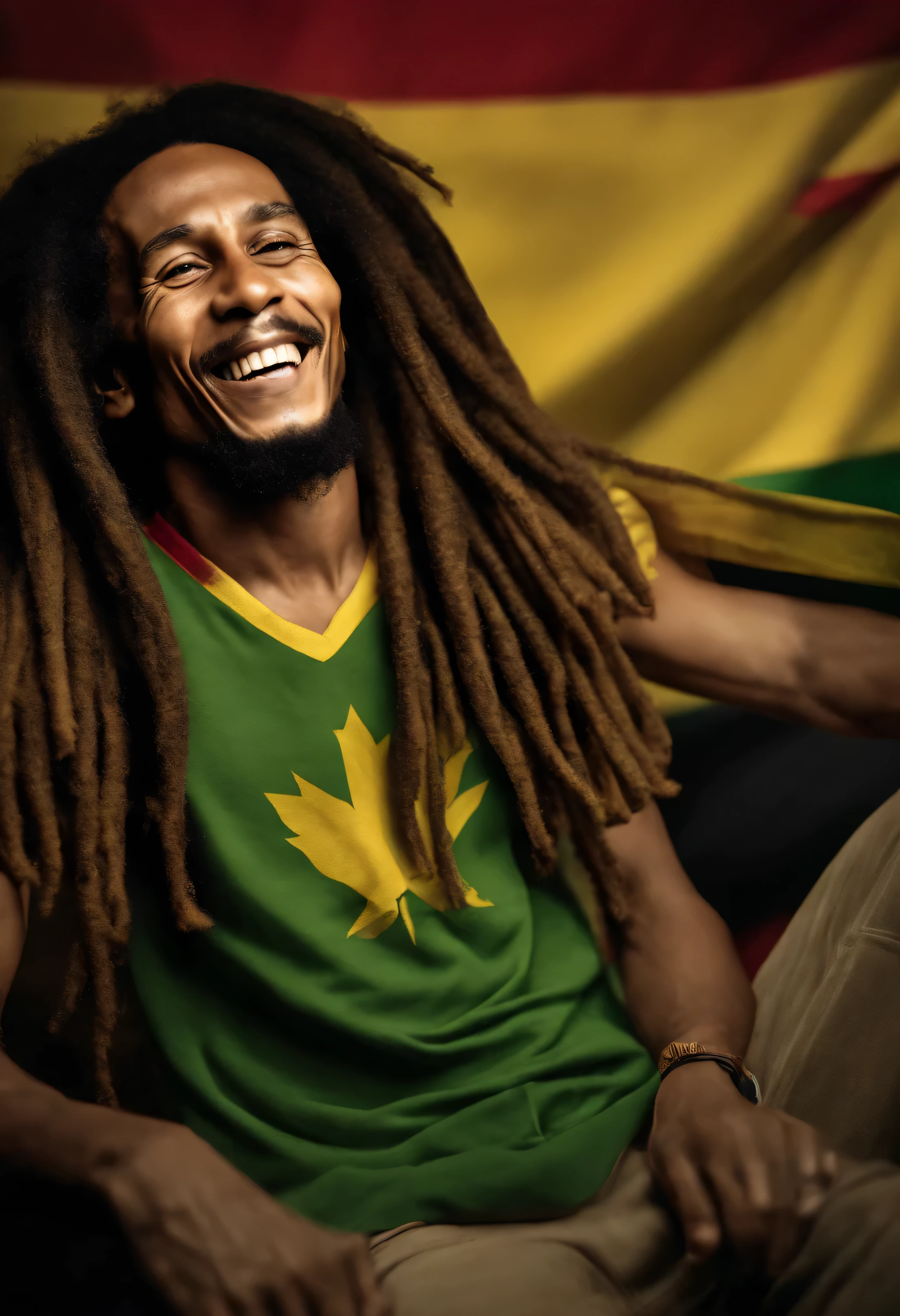 (um sorridente Bob Marley, pinceladas nas cores do reggae, Estilo estampa de camiseta),(best quality,4k,8k,Alto,master part:1.2),ultra-detalhado,(Realistic,photoRealistic,photo-Realistic:1.37),retrato, cores vibrantes, tons quentes, studio lighting, dreadlocks detalhados, relaxed facial expression, vermelho, verde, pinceladas amarelas, camiseta casual com design com tema reggae, olhos expressivos, Energy brushing