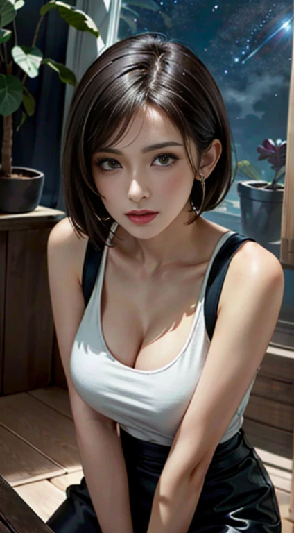 trends in the art station, trends on CGsociety, Convoluted, high detailing, Sharp Focus, Dramatic, Starry night sky, Tipha Lockhart in Final Fantasy, Tifa's Original Costume Final Fantasy 7, 25 years old, mature appearance, ,short cut hair、 sketch, masutepiece, Best Quality, Very detailed, 1womanl, A half body, Head to bust image scope, Portrait goals, up close shot, White tank top and black leather skirt, Standing position, Beautiful meticulous eyes, Cute face, Bust, Big Bossom, Beautiful meticulous face, (Plant illustration: 1.5), No exposure to pornography, Bigger breasts,