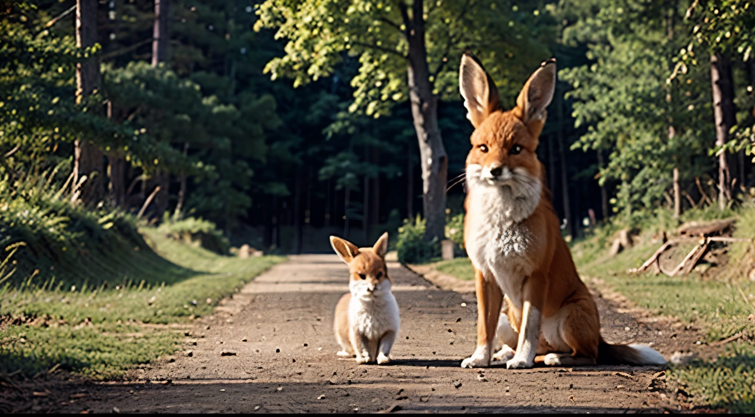 a fox，A rabbit，Play in the forest