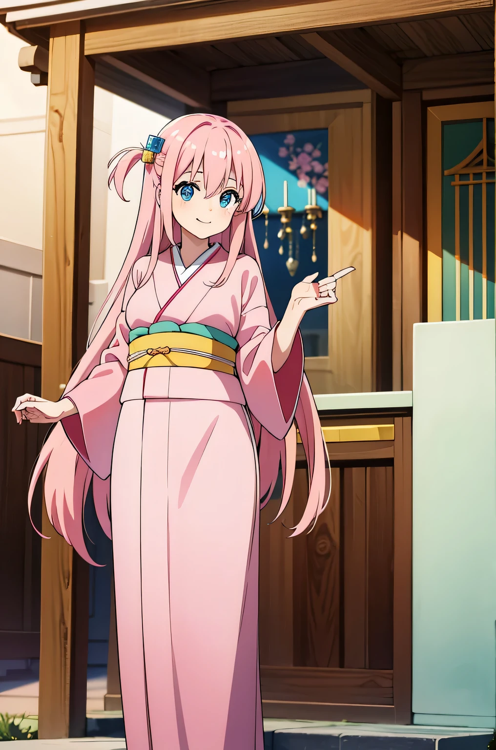 hitori gotou, blue eyes, cube hair ornament, hair between eyes, hair ornament, pink hair, one side up, long hair, pink kimono, (best quality), (high quality), {masterpiece}, perfect hands, extremely delicate and beautiful, ultra-detailed, beautiful detailed eyes, first visit of the year to a shrine, smile, closed mouth, standing
