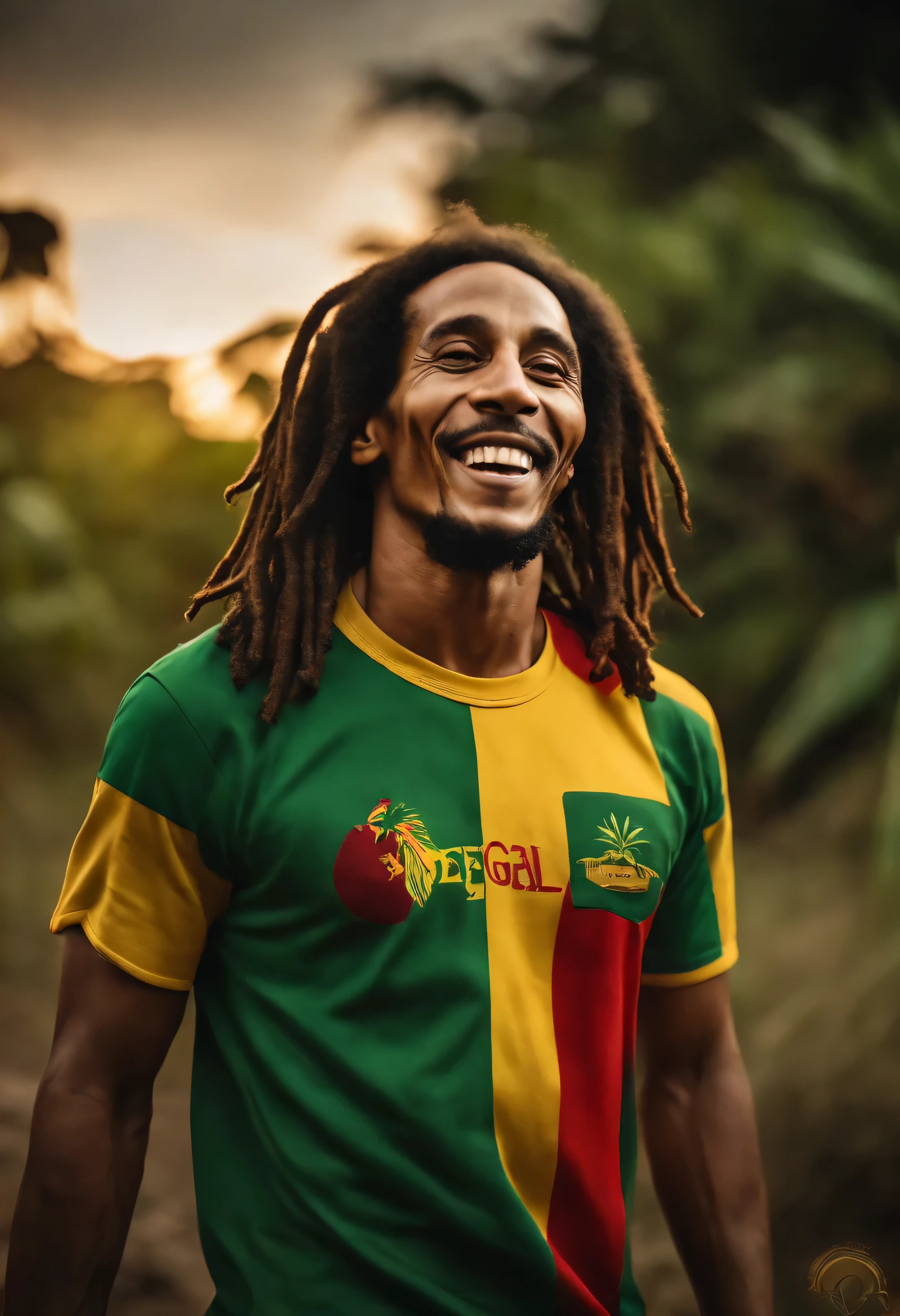 (um sorridente Bob Marley, pinceladas nas cores do reggae, Estilo estampa de camiseta),(best quality,4k,8k,Alto,master part:1.2),ultra-detalhado,(Realistic,photoRealistic,photo-Realistic:1.37),retrato, cores vibrantes, tons quentes, studio lighting, dreadlocks detalhados, relaxed facial expression, vermelho, verde, pinceladas amarelas, camiseta casual com design com tema reggae, olhos expressivos, Energy brushing